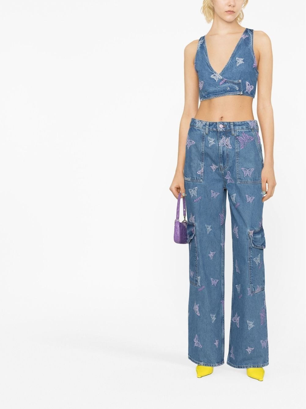 embroidered denim crop top - 2