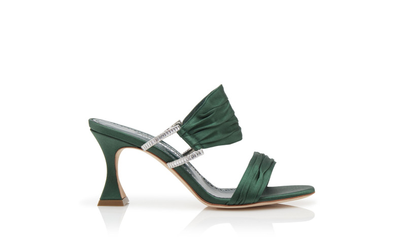 Dark Green Satin Gathered Mules 1