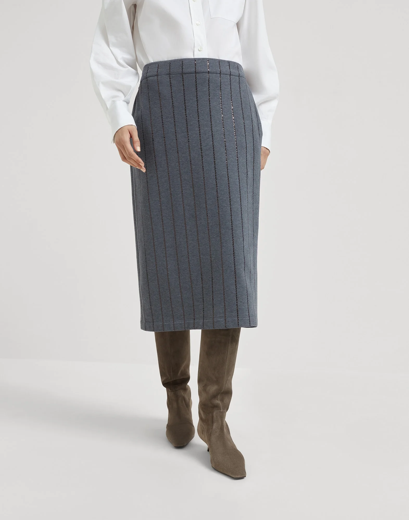 Cotton smooth French terry midi skirt with dazzling chalk stripe embroidery - 1