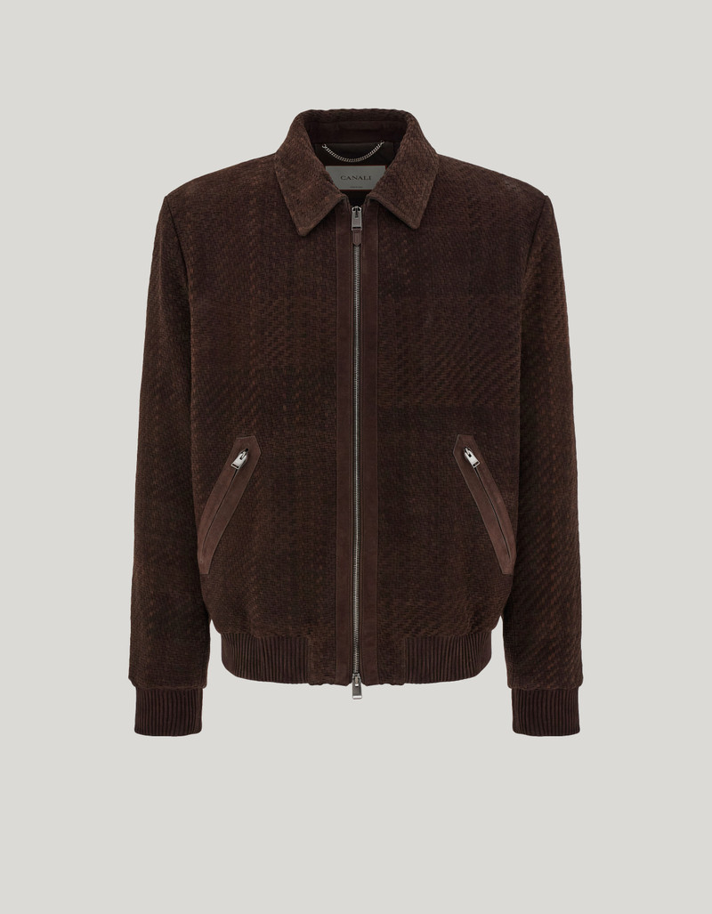 CARAMEL MIXED-MATERIAL ULTRALIGHT SUEDE BOMBER JACKET WITH KNIT INSERTS 56