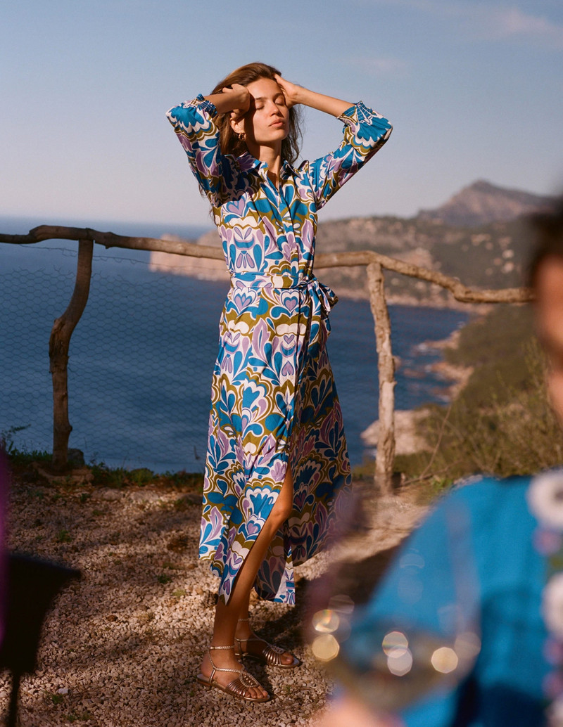 Clara Cotton Shirt Dress-Kingfisher Blue, Freesia Stamp 3