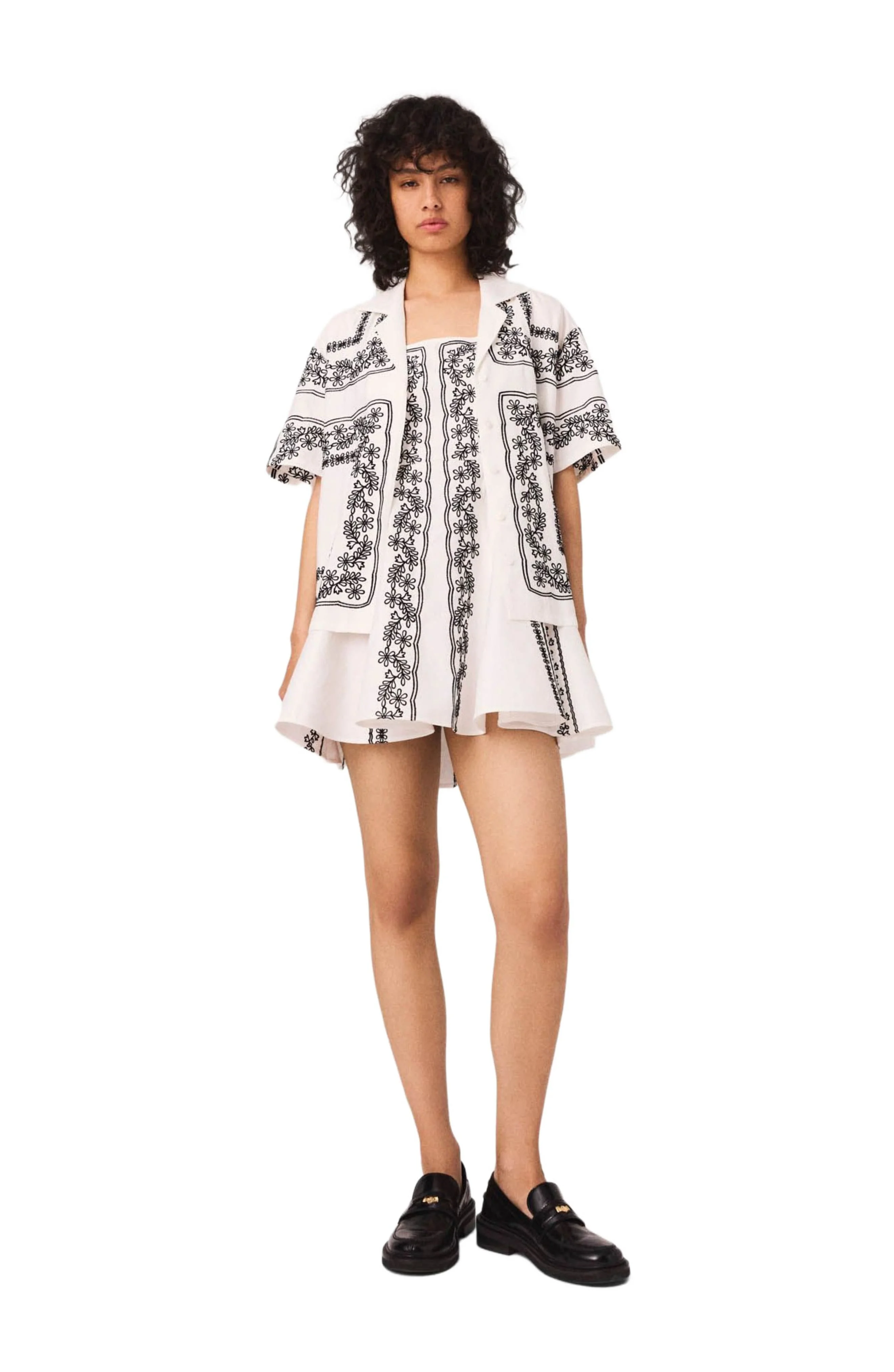 maje Short-sleeved embroidered shirt in Ecru /Black at Nordstrom - 1