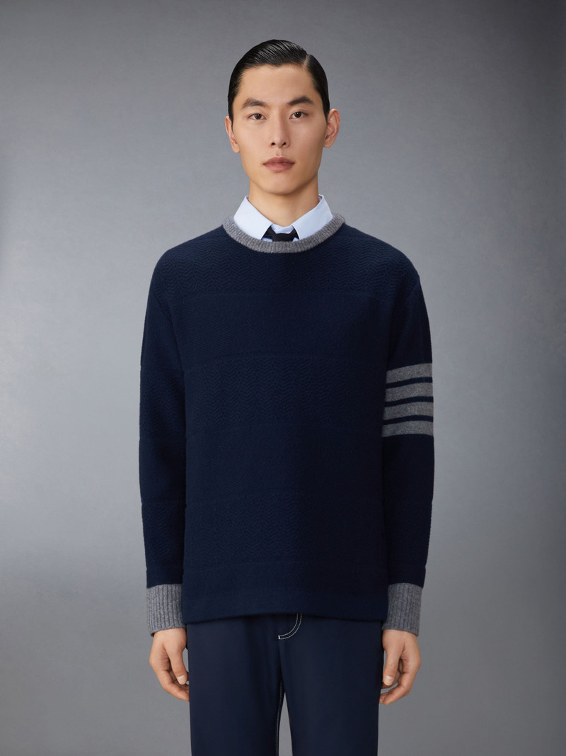 Merino 모직 4바 Textured 럭비 줄무늬 대원 목 Pullover 1