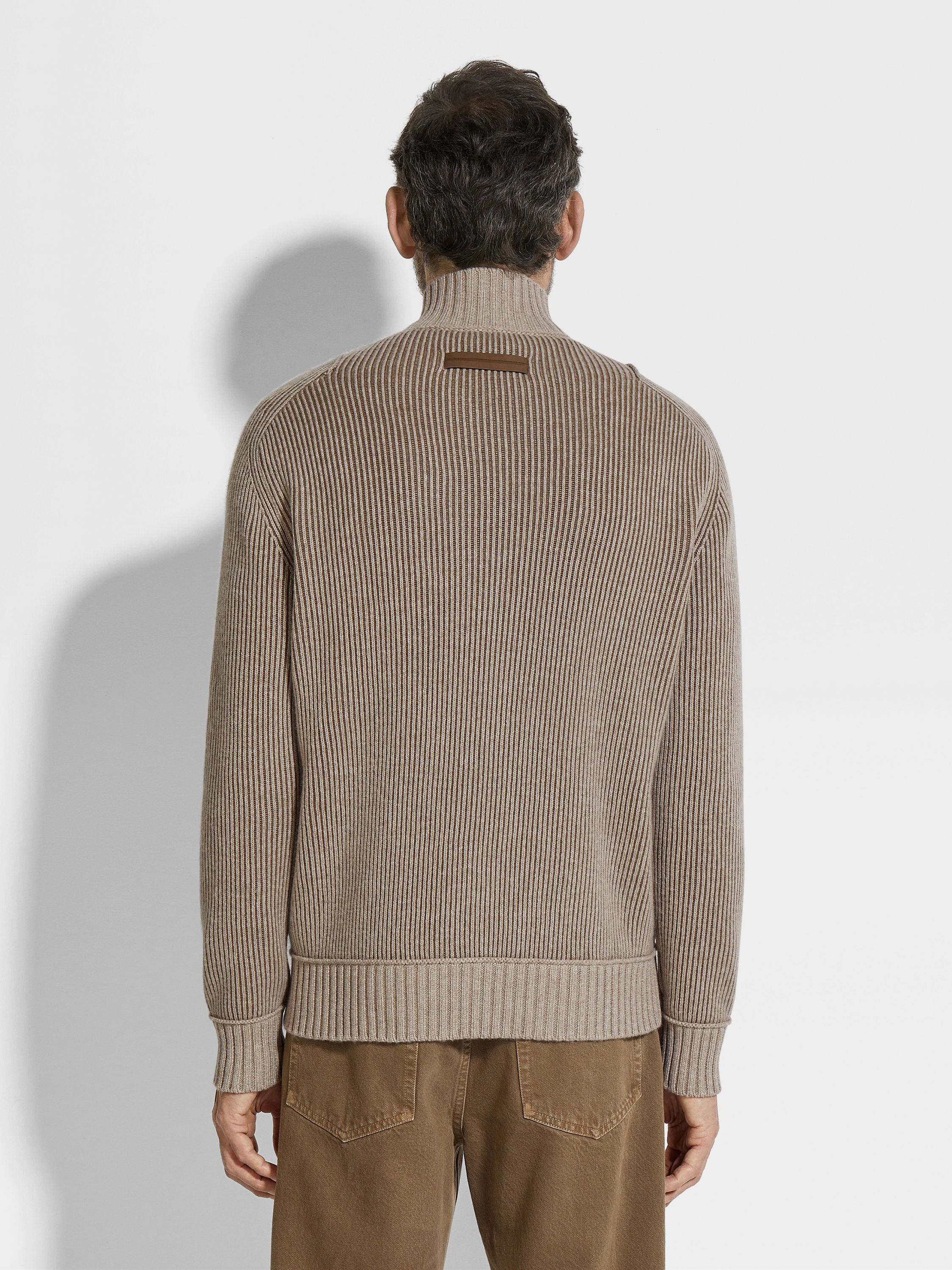 LIGHT TAUPE AND KHAKI MÉLANGE OASI CASHMERE FULL ZIP CARDIGAN - 5