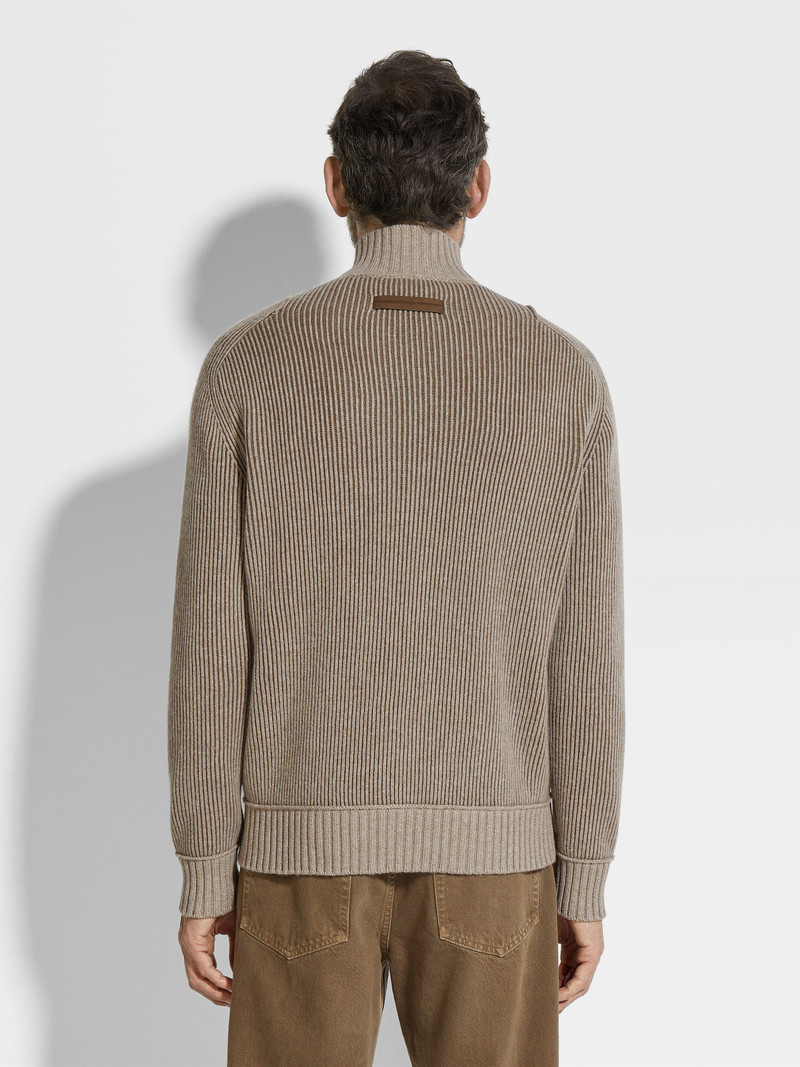 LIGHT TAUPE AND KHAKI MÉLANGE OASI CASHMERE FULL ZIP CARDIGAN 5