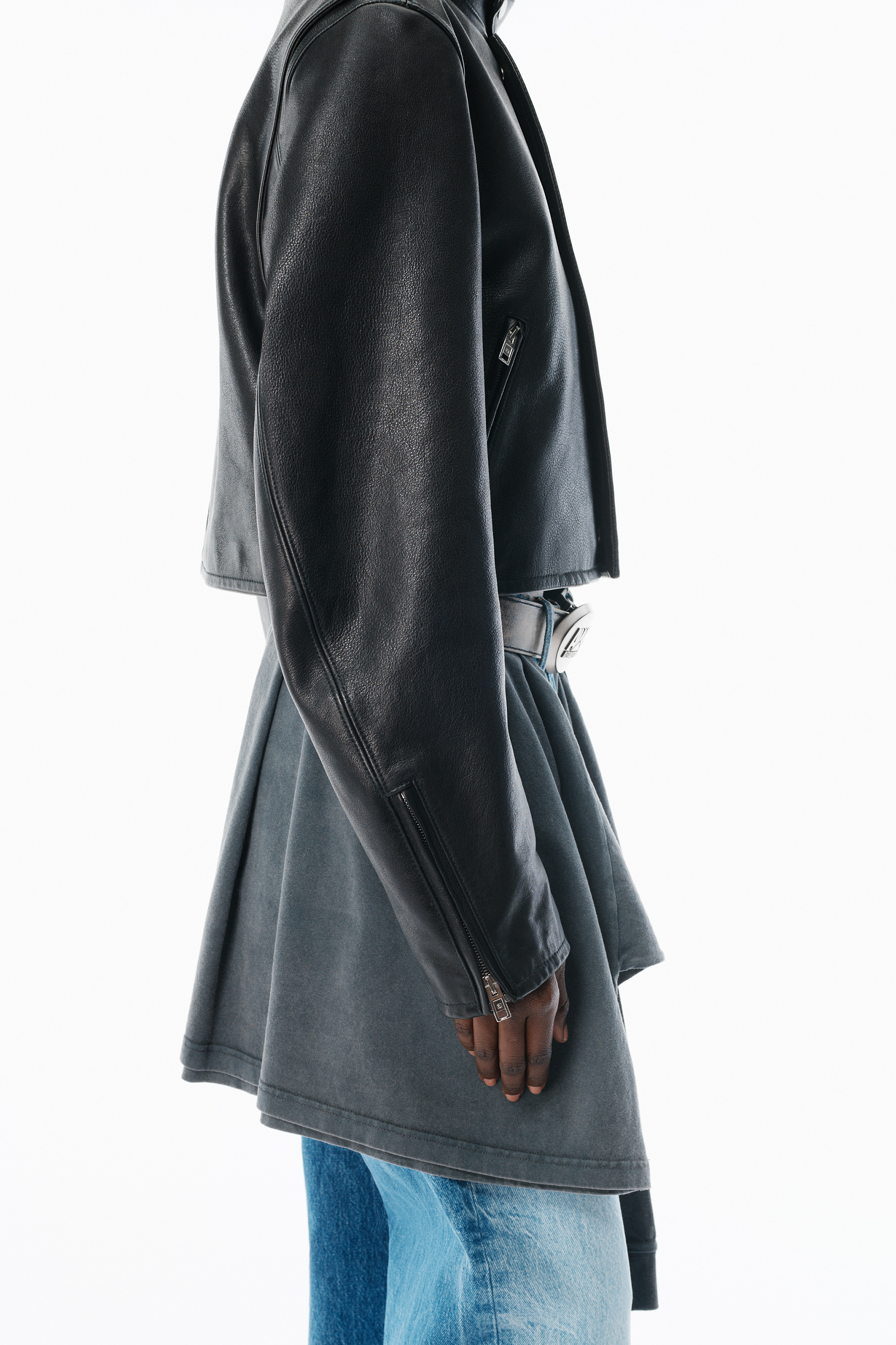 Black Glossy Leather Cropped Moto Jacket - 5