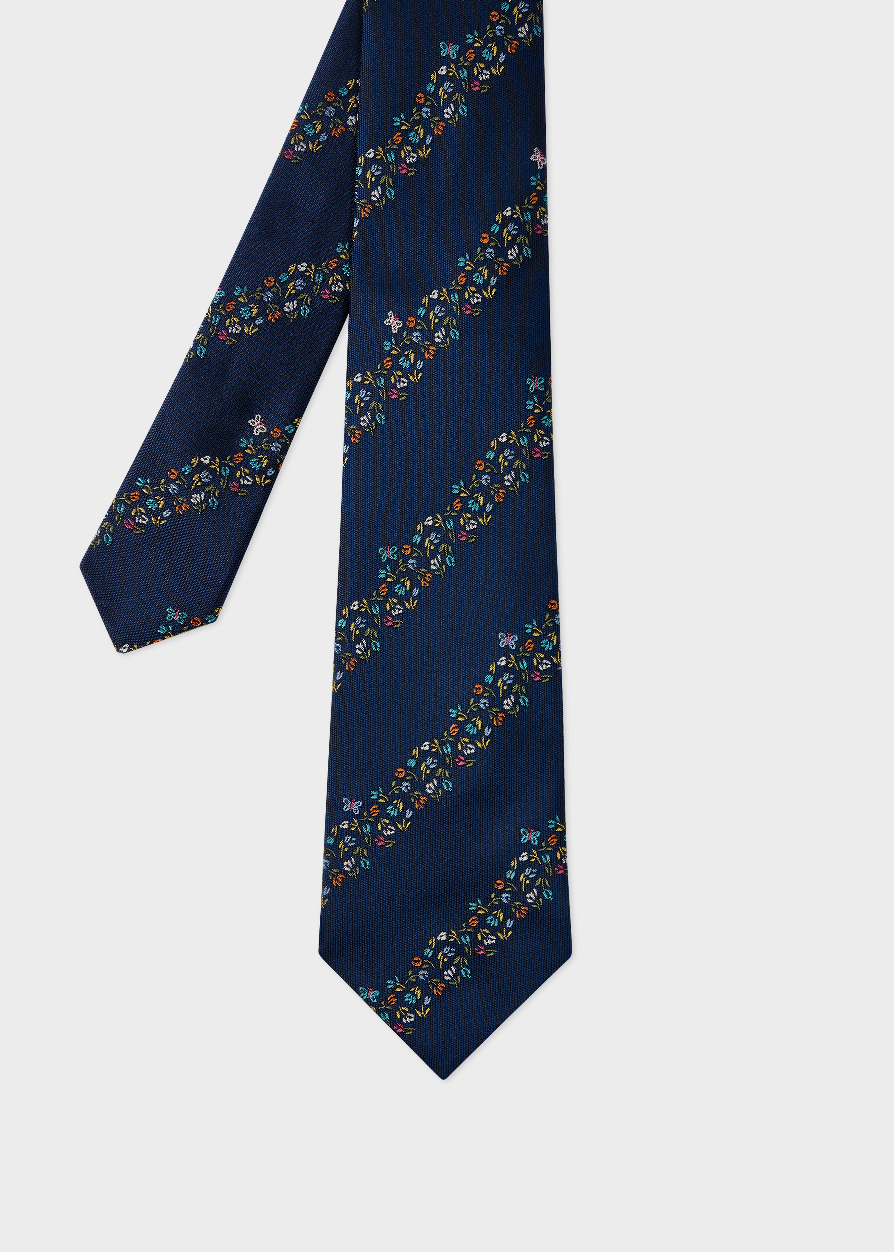 Navy Embroidery Floral Stripe Tie - 1