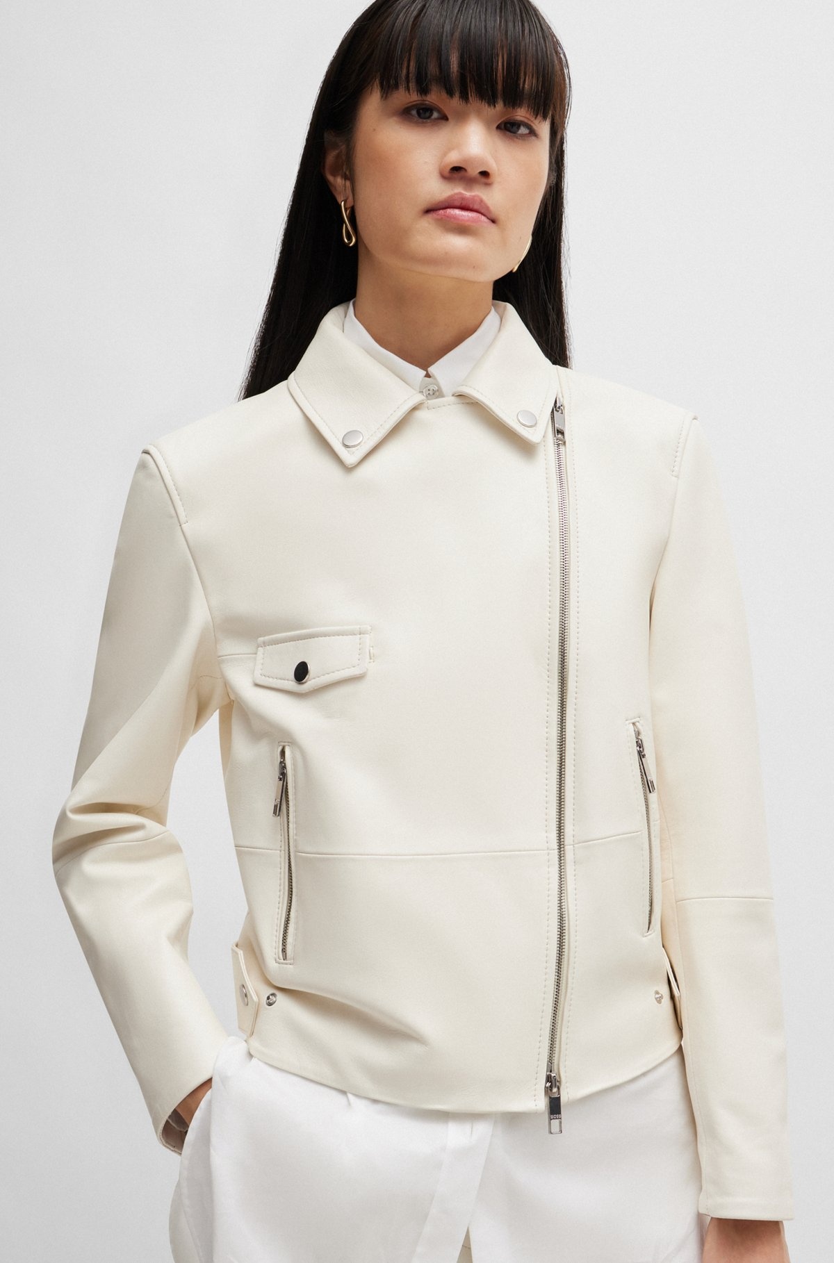 LEATHER JACKET WITH SIGNATURE LINING AND ASYMMETRIC ZIP - 5