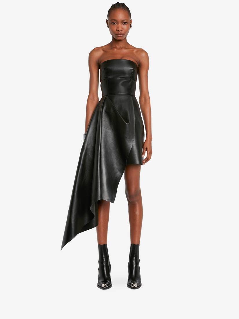 Women's Leather Bustier Drape Dress in Black - 2
