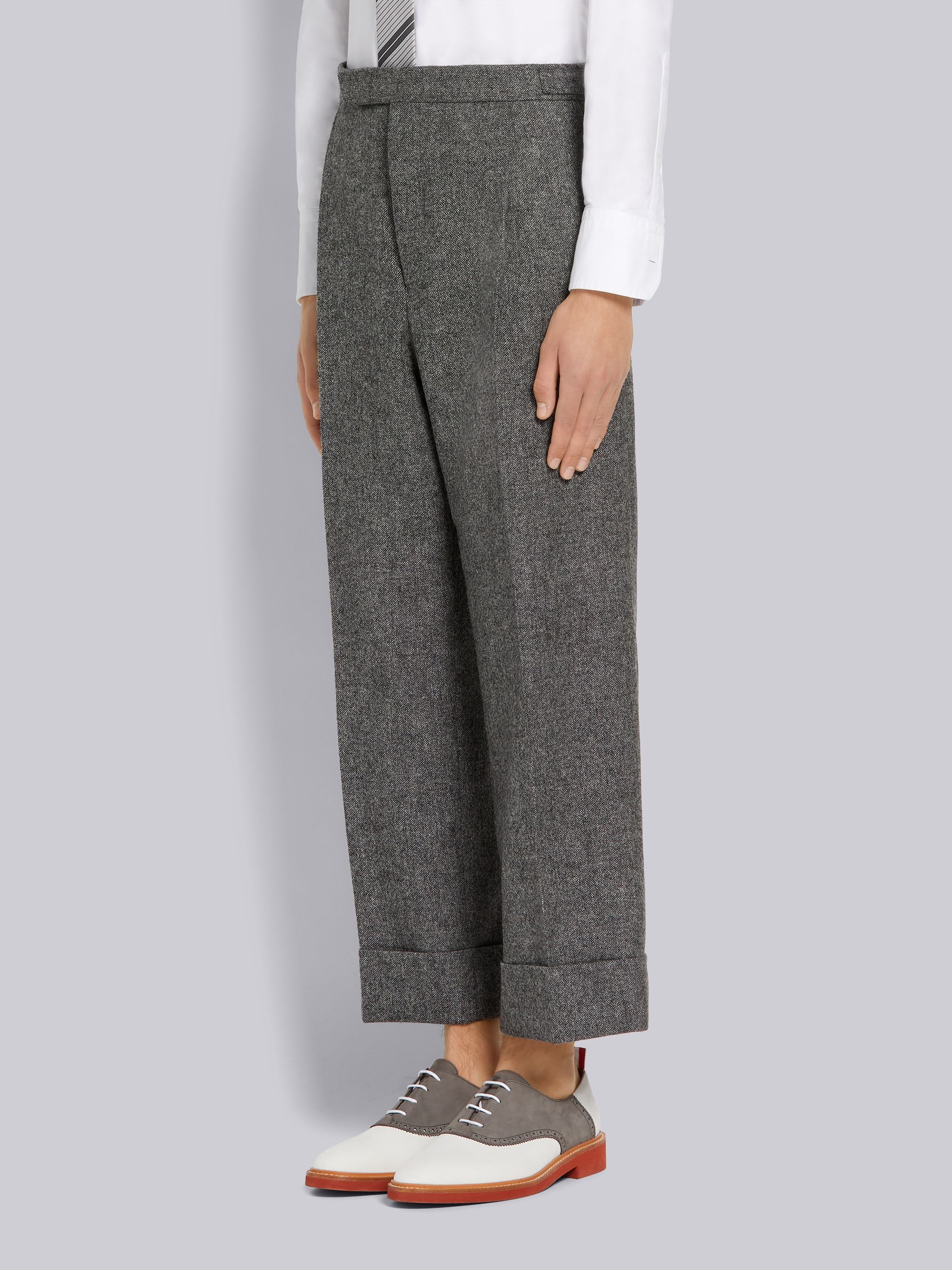 Medium Grey Donegal Tweed Single Pleat Classic Side Tab Trouser - 2