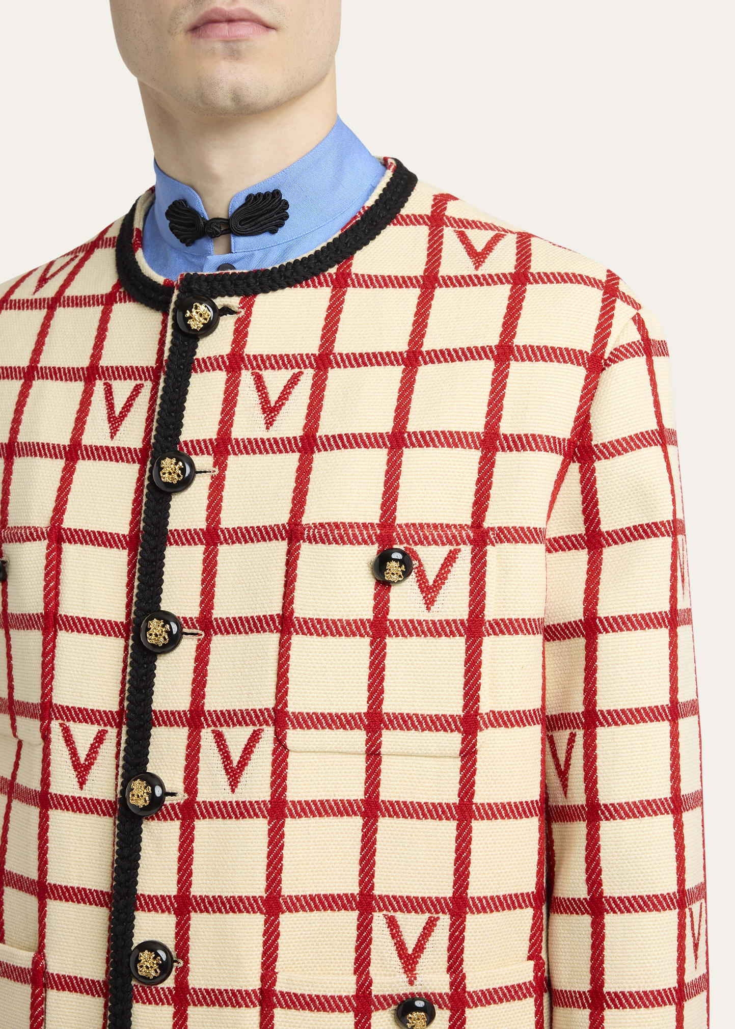 Men's Braid-Trim Monogram Check Blazer - 5