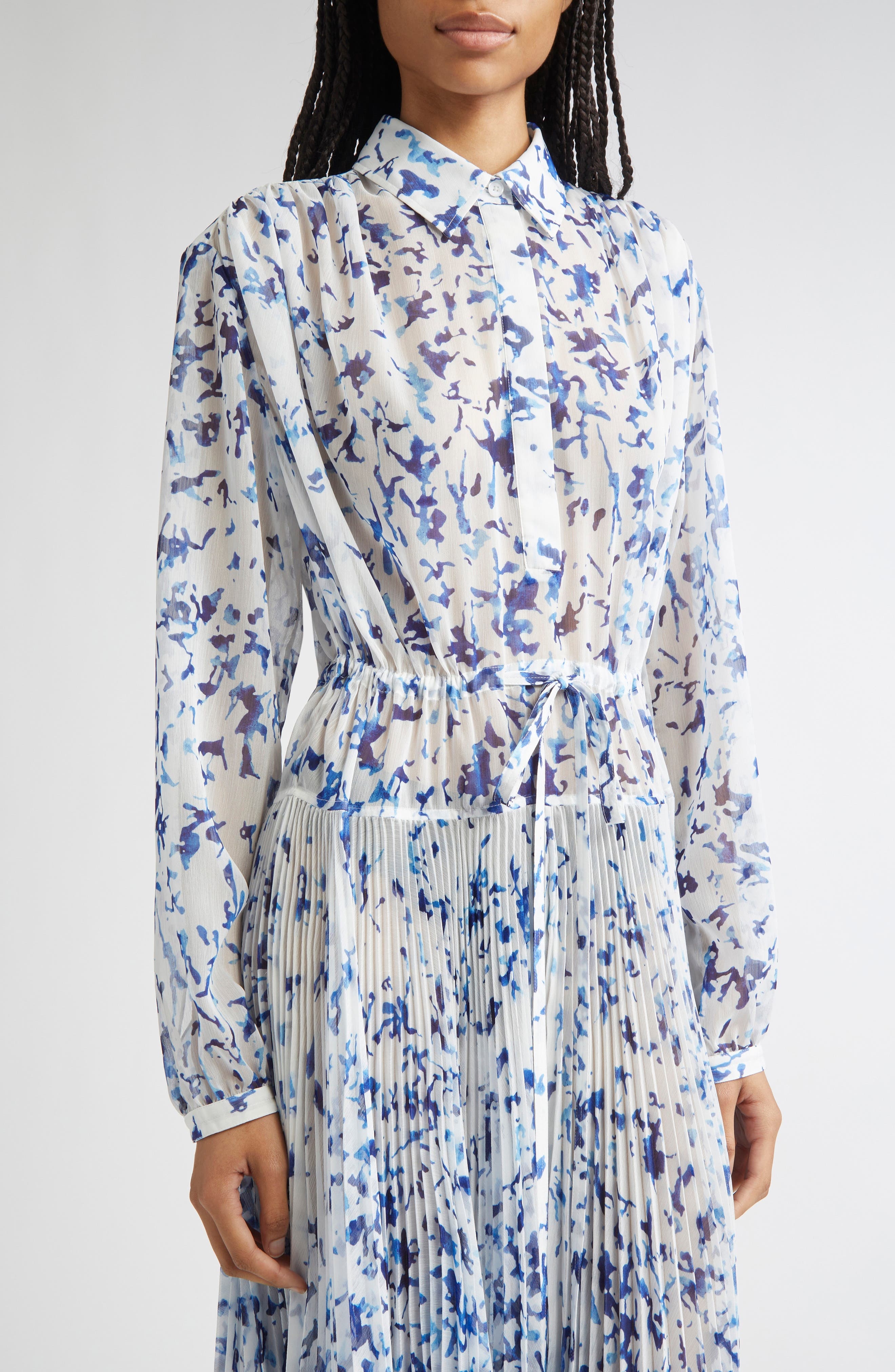 Proenza Schouler Jones Long Sleeve Pleated Crinkle Chiffon Shirtdress in Off White Multi at Nordstro - 4