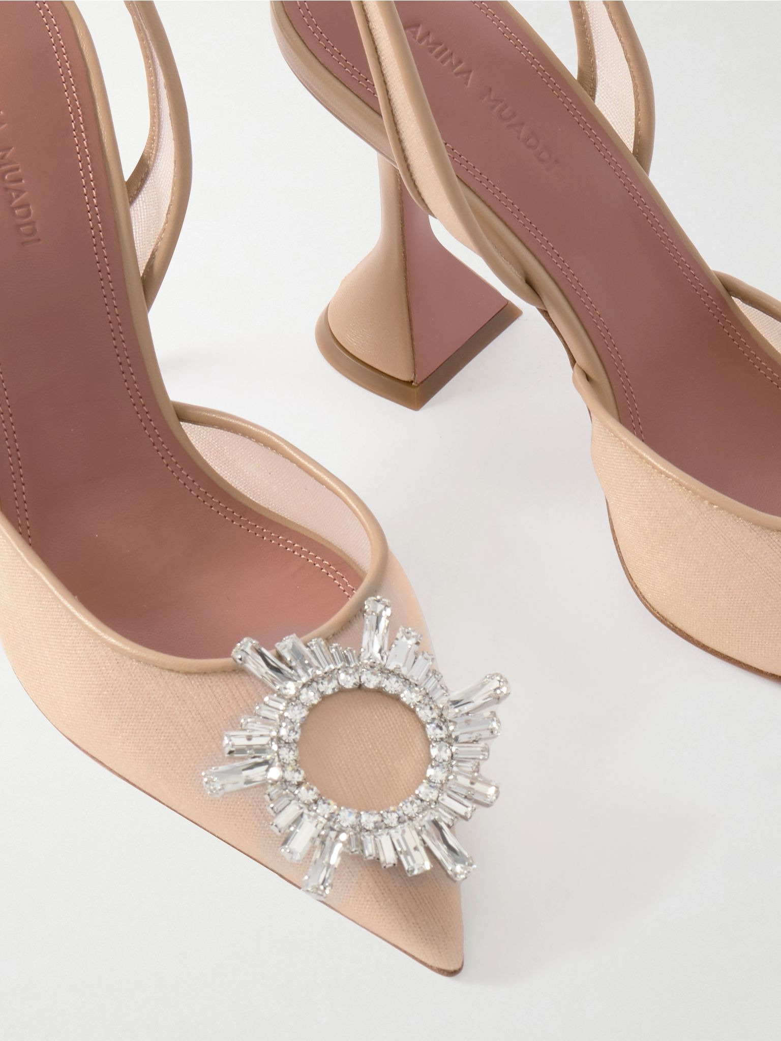 Begum crystal-embellished leather-trimmed mesh slingback pumps Neutral - 4
