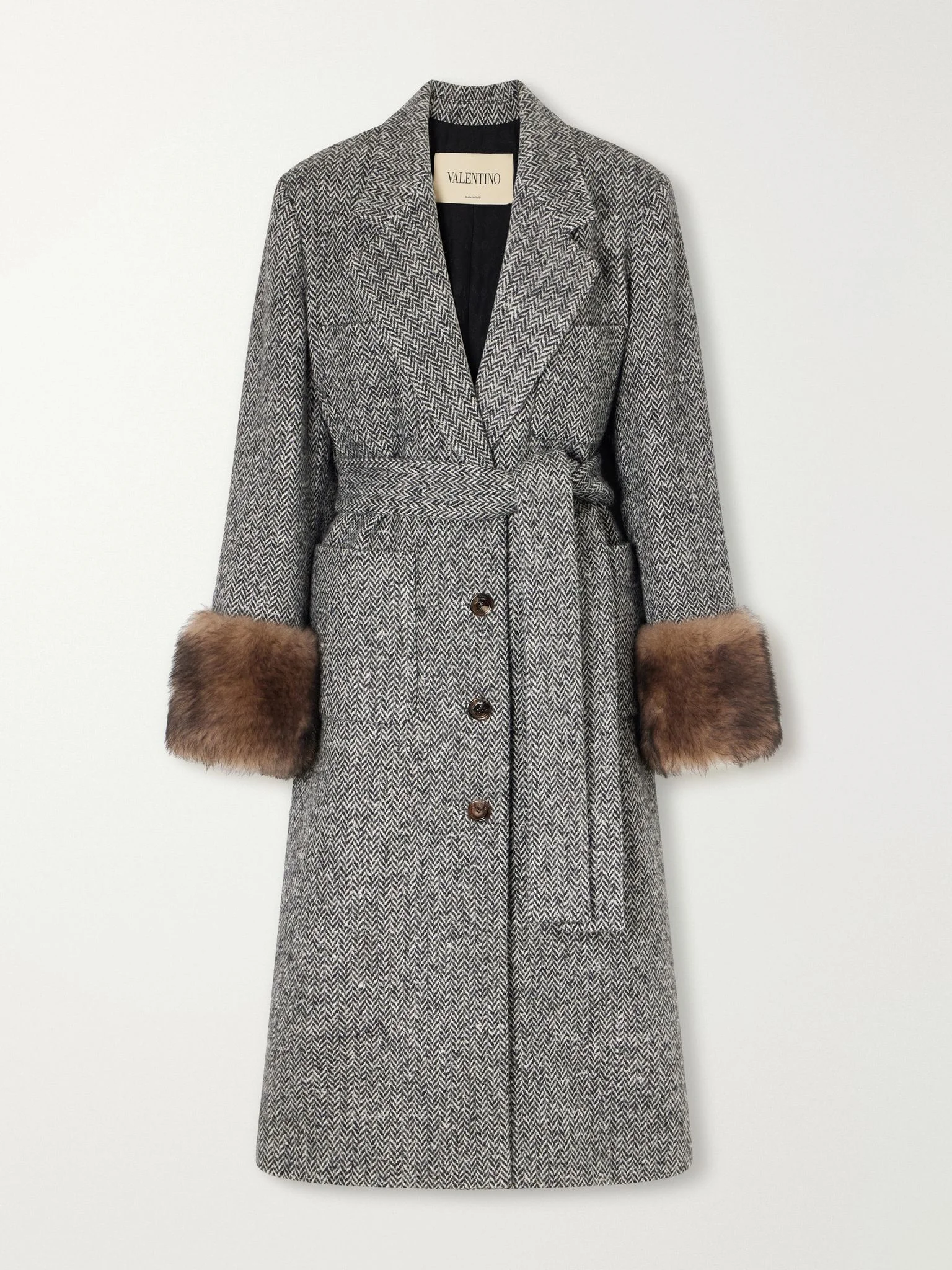 Belted shearling-trimmed herringbone wool-blend coat Gray - 1