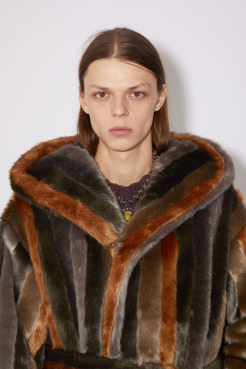 Striped furry hooded coat - Brown 6