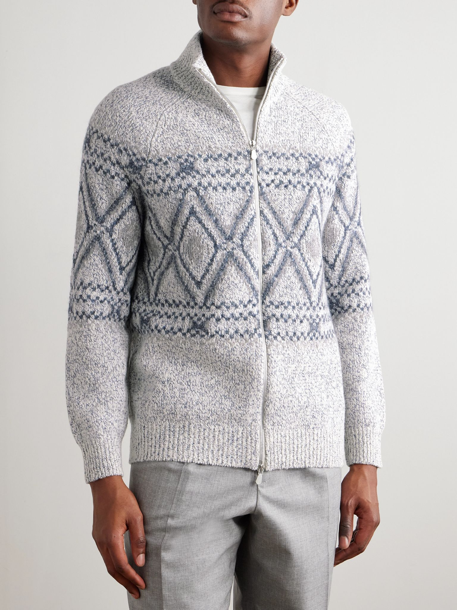 Fair Isle Wool, Silk and Cashmere-Blend Zip-Up Cardigan Gray - 3