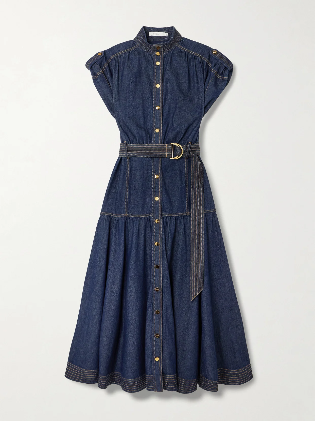 Belted Tiered Denim Midi Dress - 1