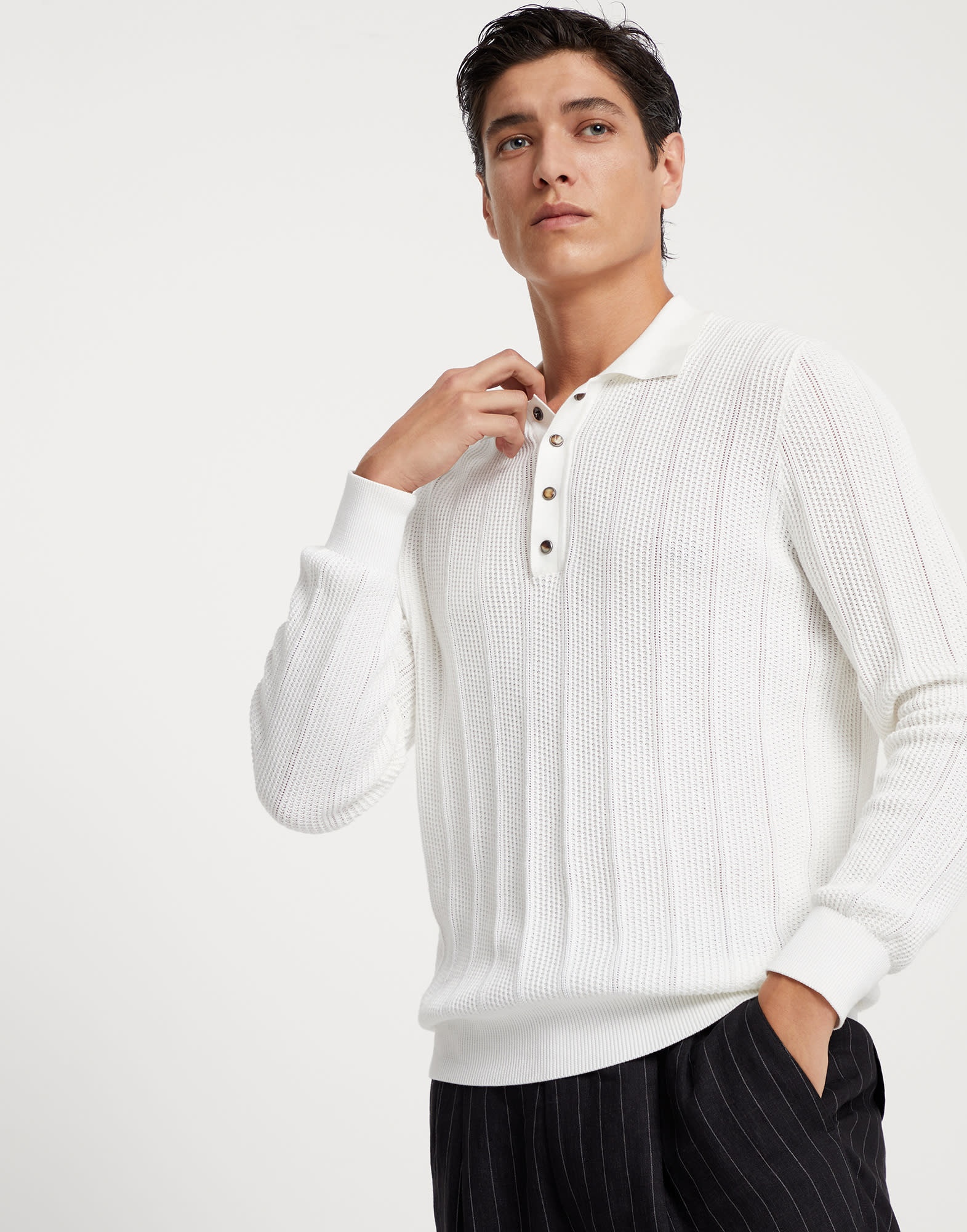 Cotton textured rib knit polo with long sleeves - 1