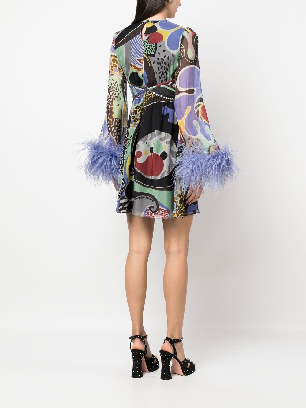 feather-trim psychedelic print dress - 4