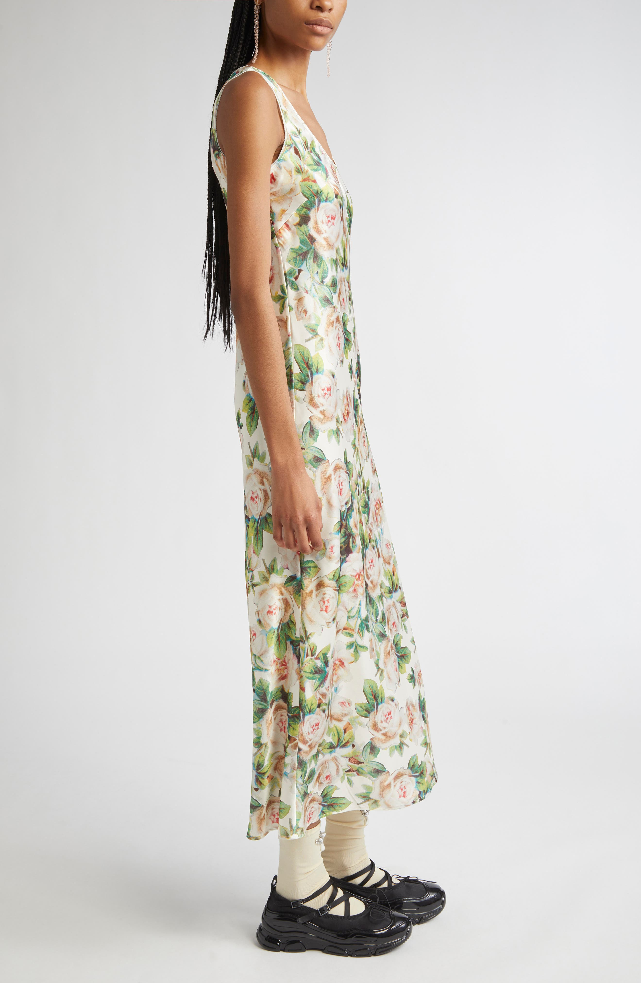 Simone Rocha Floral Print Scoop Neck Satin Dress in Rose at Nordstrom - 3