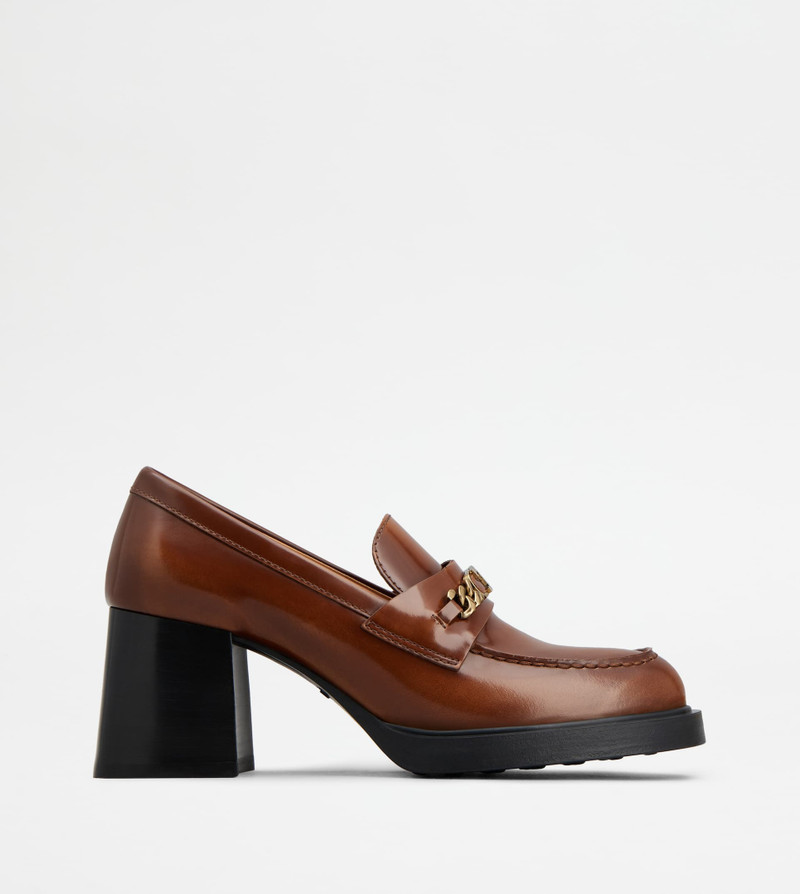 LOAFERS IN LEATHER WITH HEEL - BROWN - 1