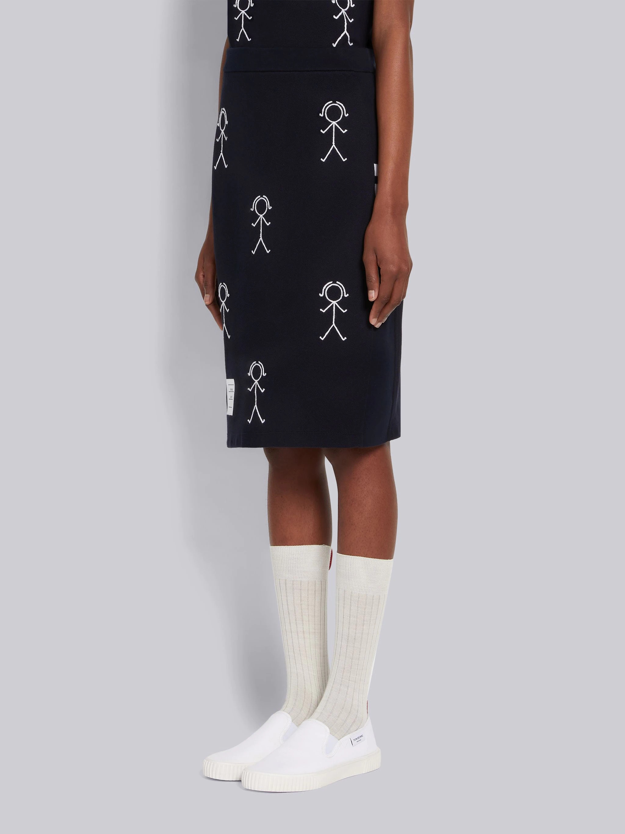 Navy Classic Pique Chain Stitch 4-Bar & Mrs. Thom Embroidery Knee Length Skirt - 2