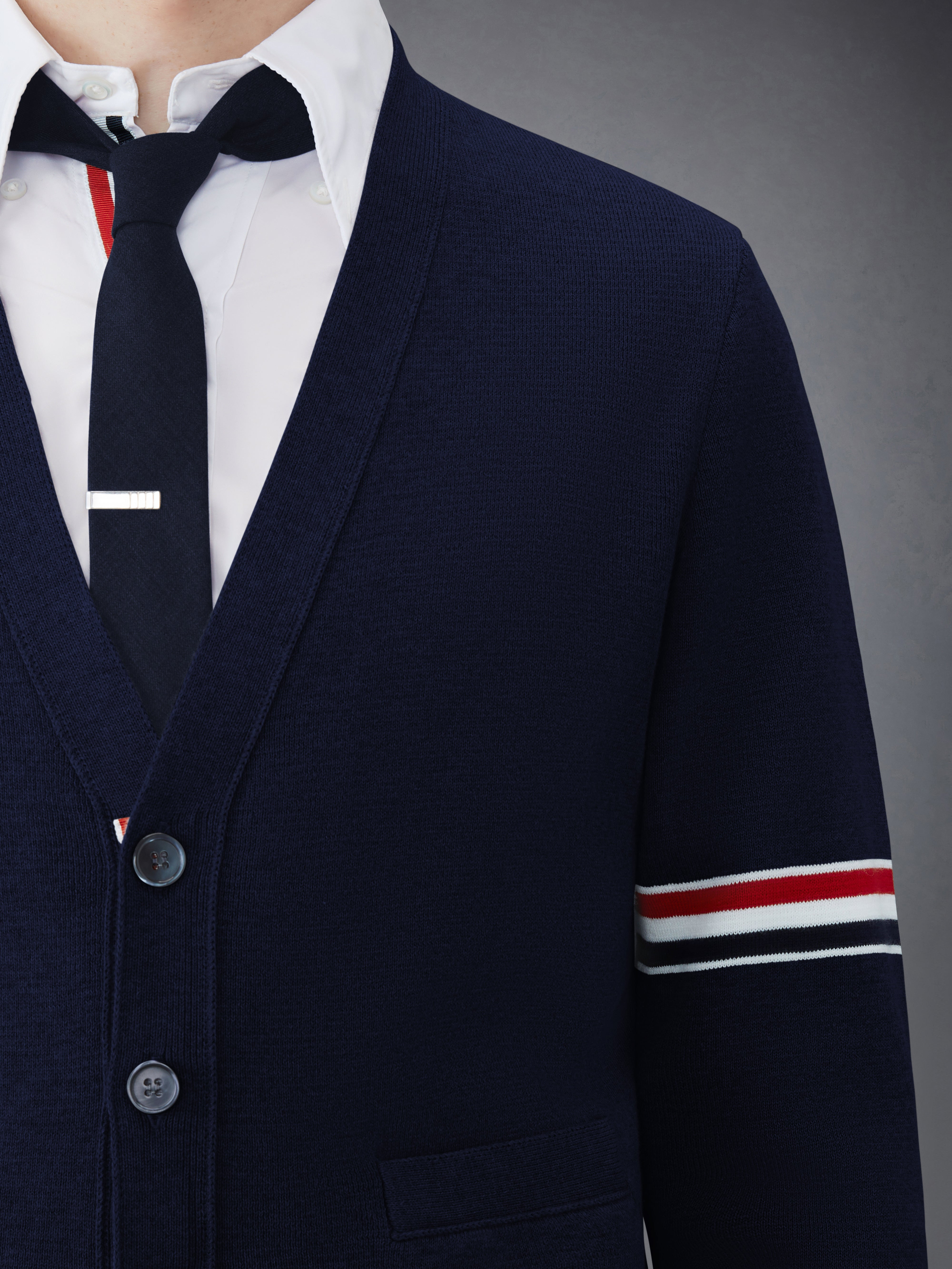 Navy Cotton Milano Stitch Stripe Armband V-neck Cardigan - 6