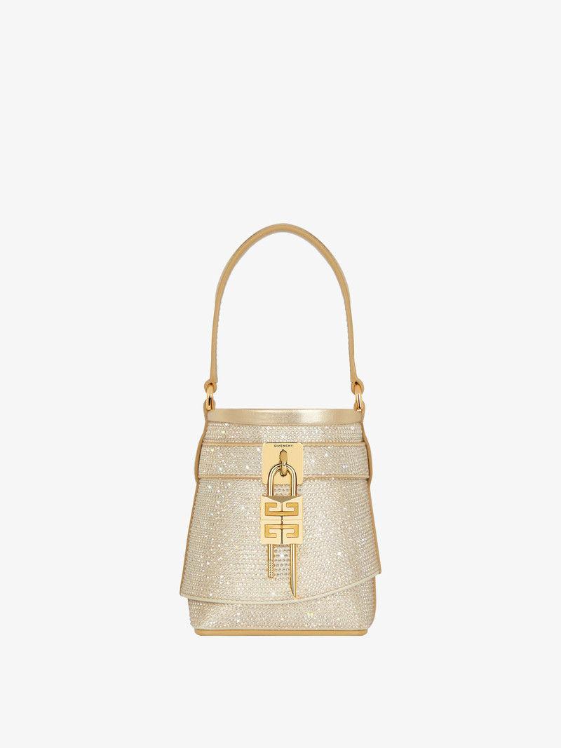 MICRO SHARK LOCK BUCKET BAG IN SATIN WITH STRASS 1