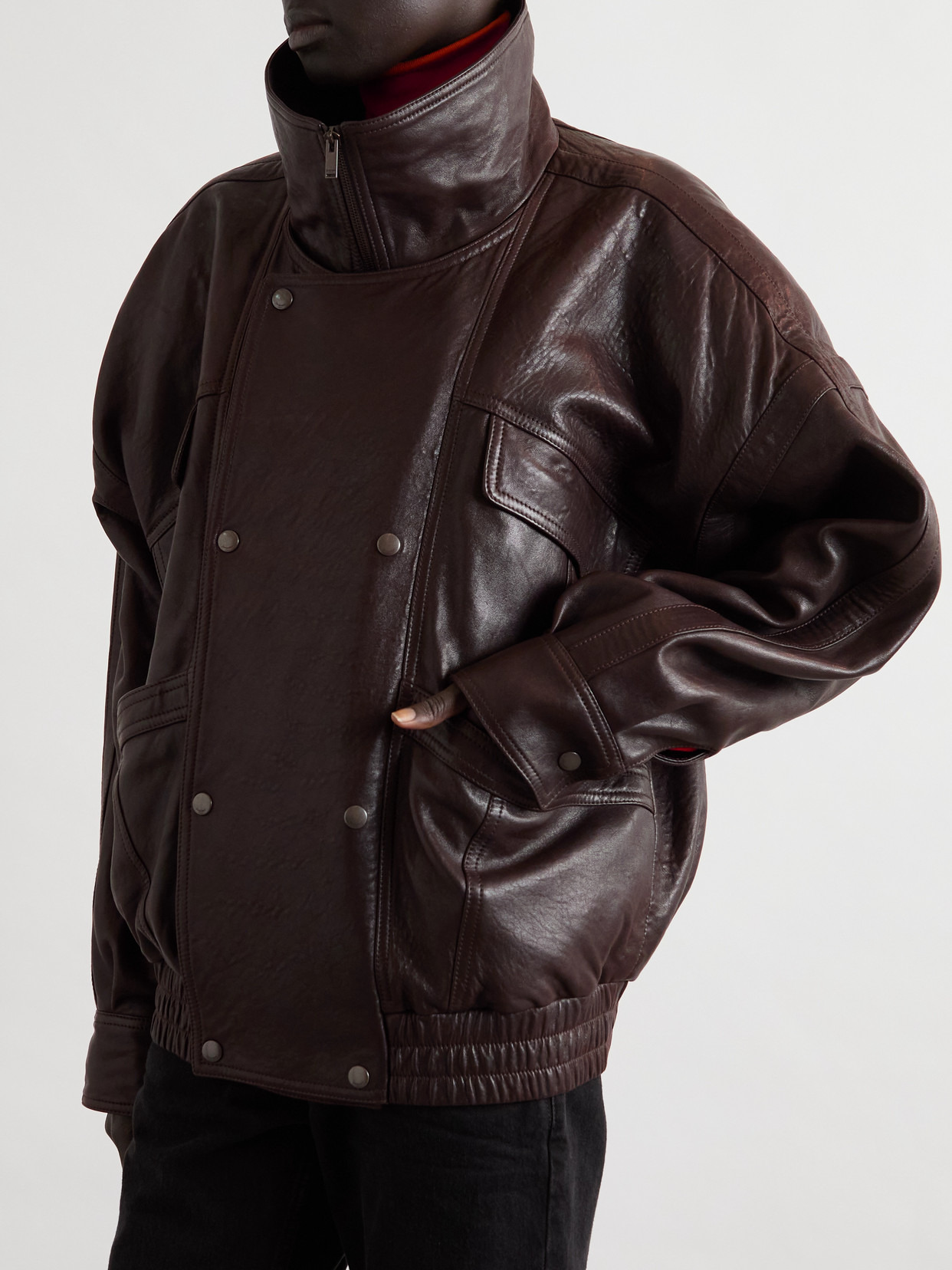Oversized Double-breasted Paneled Leather Jacket - 4