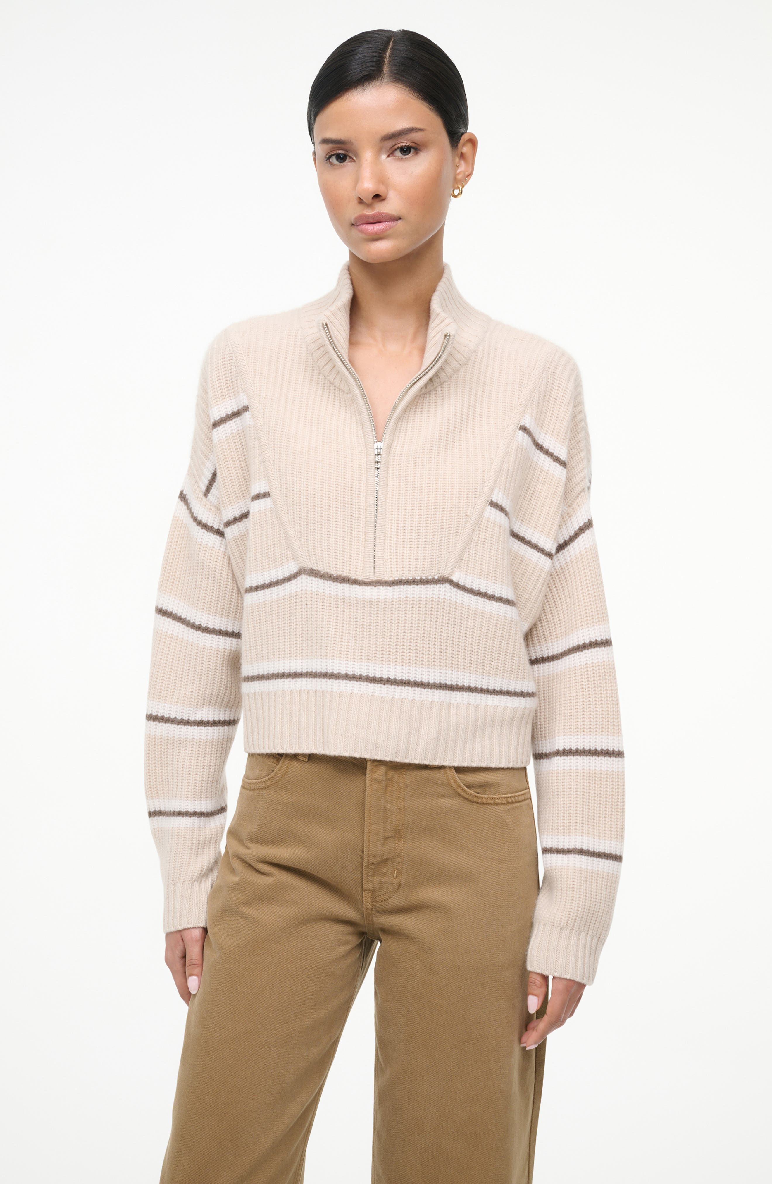 STAUD Hampton Crop Half Zip Cashmere Sweater in Whisper Stripe at Nordstrom - 4