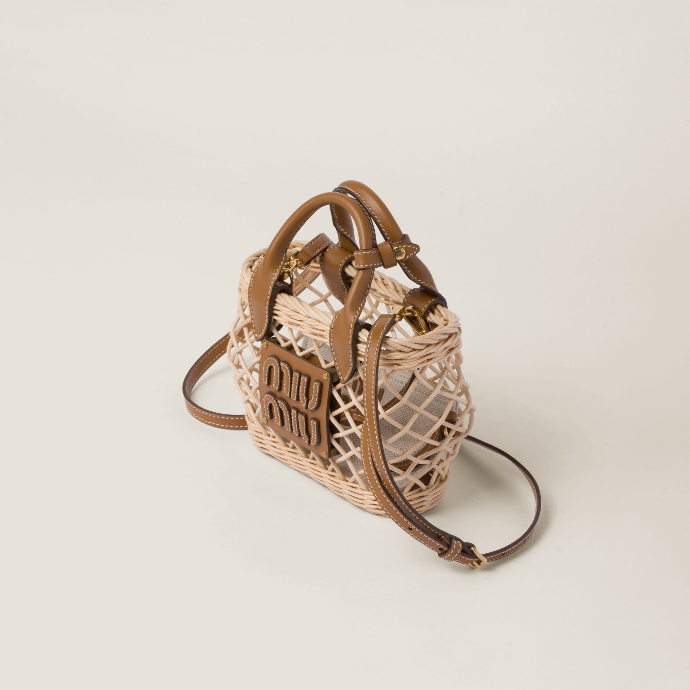 Woven fabric handbag with leather trim - 2