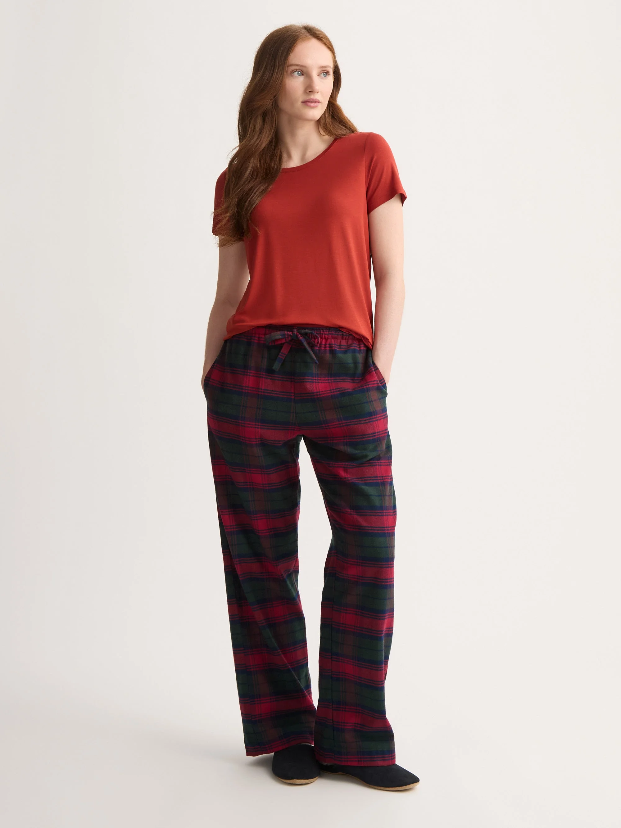 Women's Lounge Pants Kelburn Brushed Cotton Burgundy Red & Green Check - 1