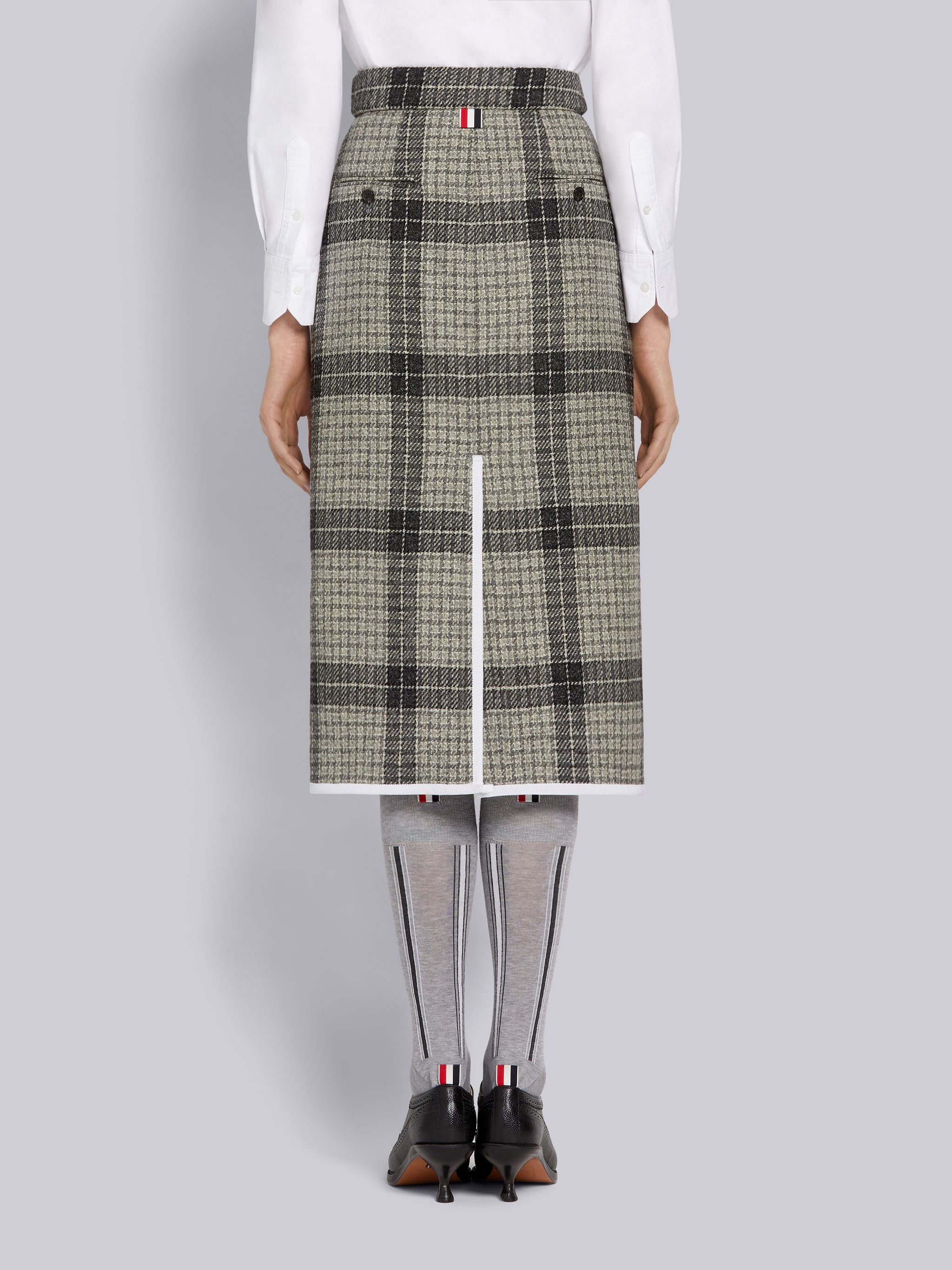 Medium Grey Grid Windowpane Check British Wool Grosgrain Tipping Below-the-Knee Sack Skirt - 3