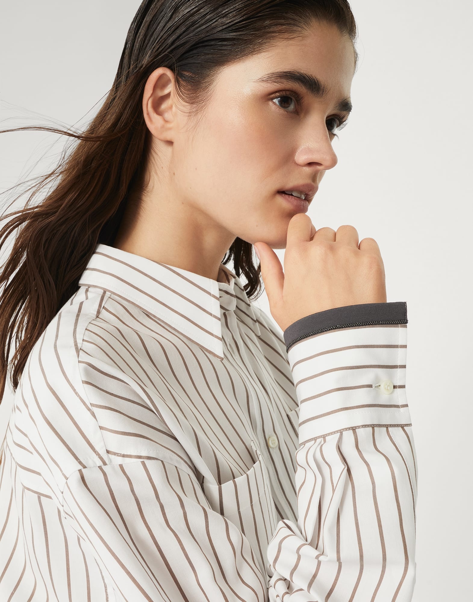 Striped cotton twill shirt with shiny cuffs - 3