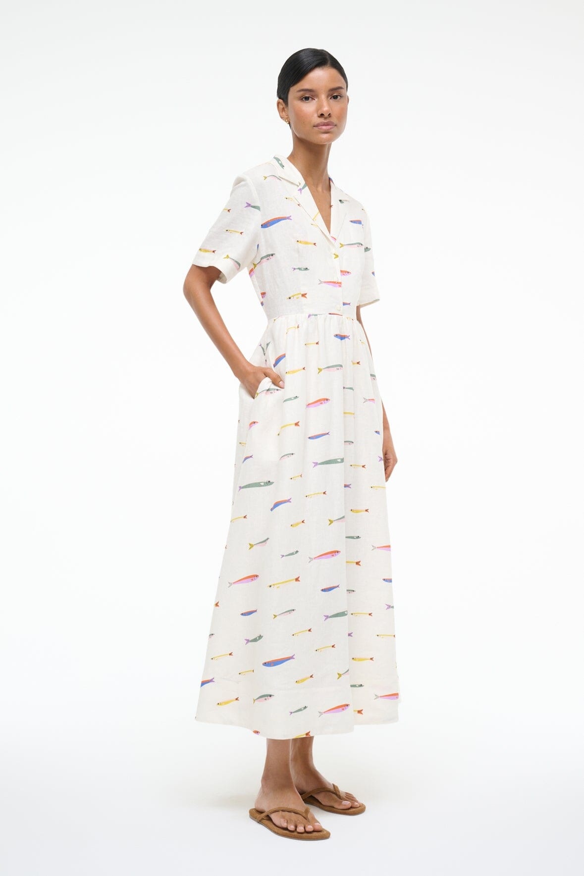 STAUD MERYL LINEN DRESS POP SARDINES IVORY - 2