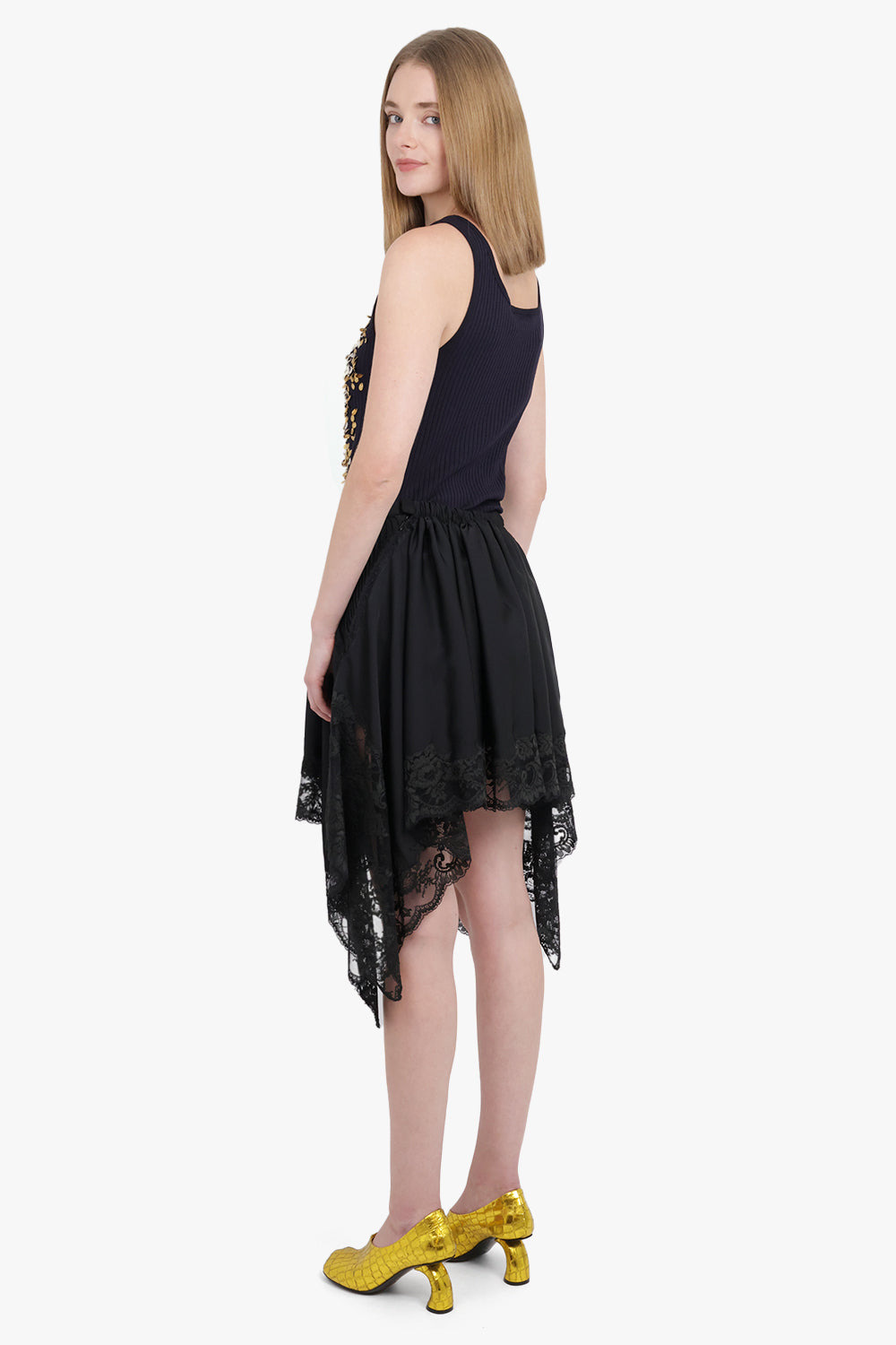 LACE DETAIL ASYMMETRIC MINI X MIDI SKIRT | BLACK - 6
