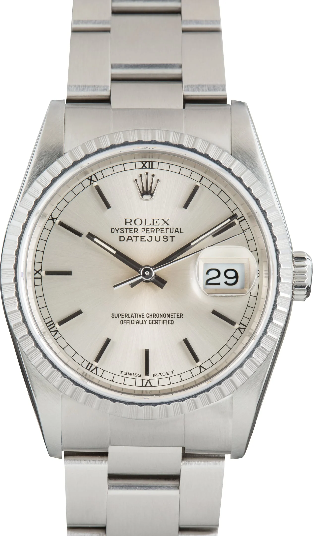 Pre-Owned Rolex Datejust 36 Engine Turned Bezel Ref 16220 Silver Dial - 1