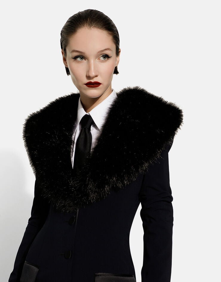 Long silk georgette coat with faux fur collar - 7