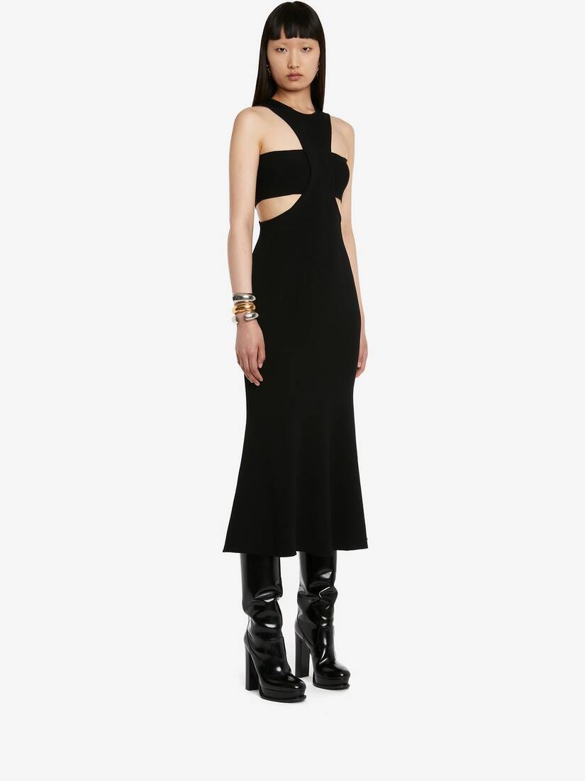 Women's Ribbed Knit Slashed Harness Dress in Black - 3
