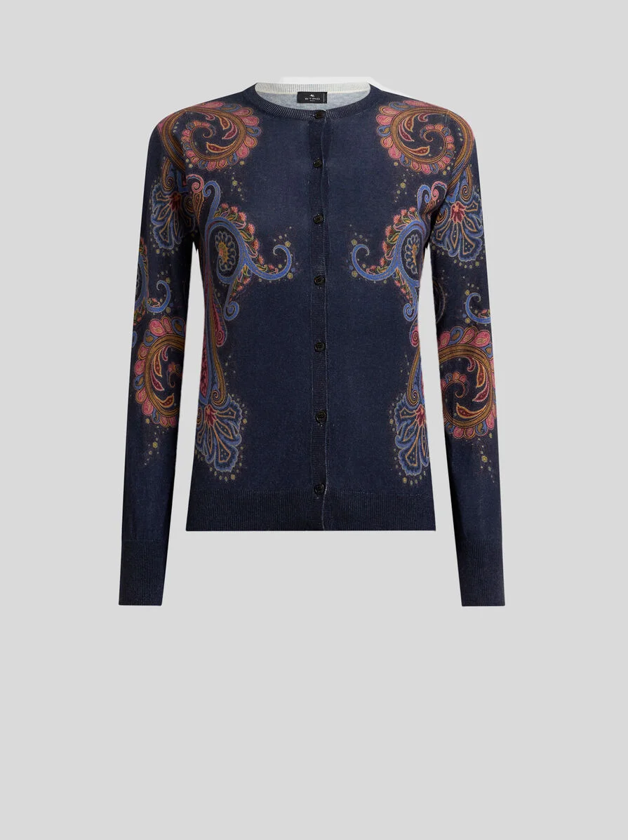 SILK AND CASHMERE CARDIGAN WITH PLACED PAISLEY PRINT - 1
