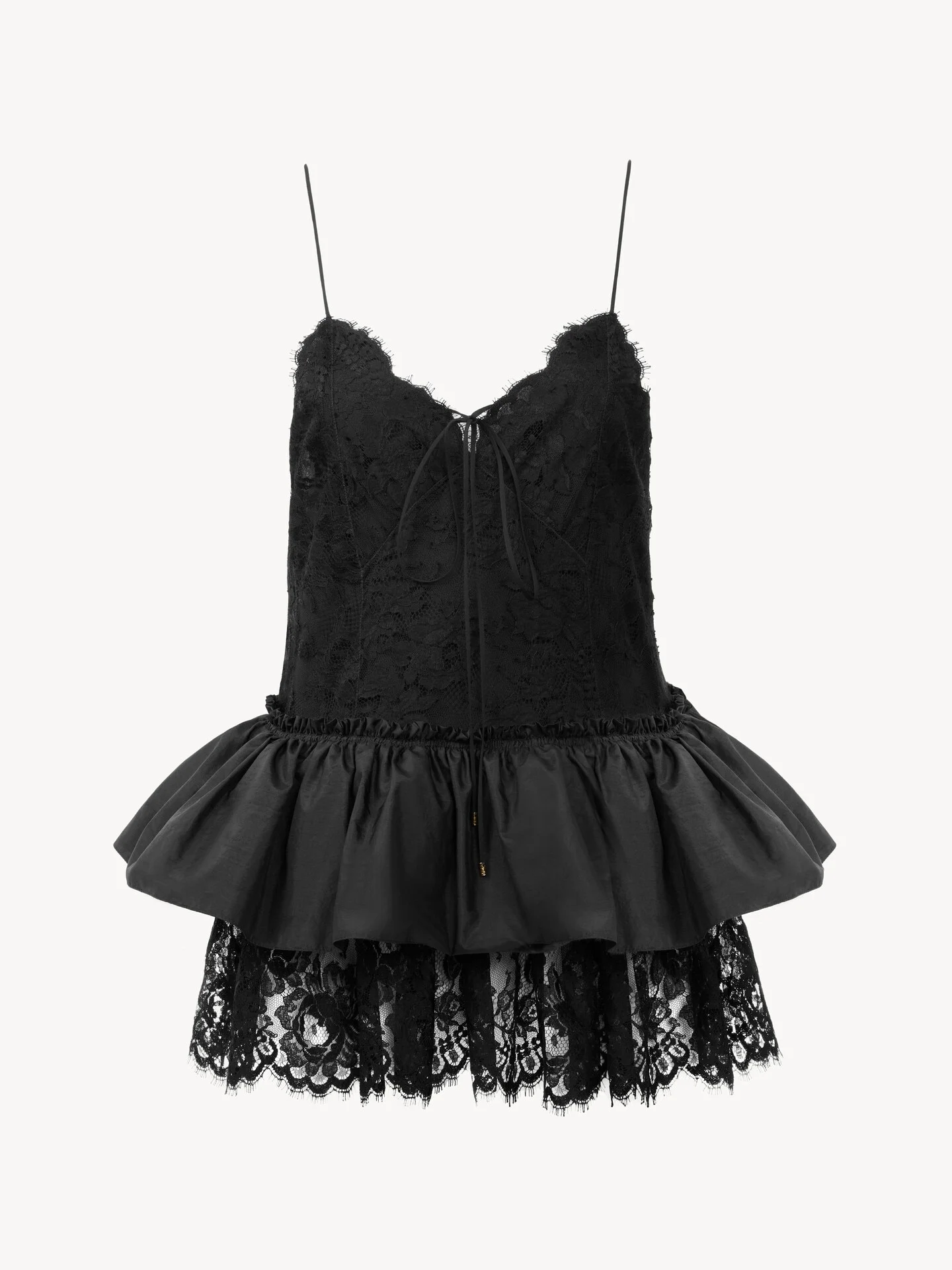THIN-STRAP RUFFLE TOP IN TECHNICAL TAFFETA & LACE - 1