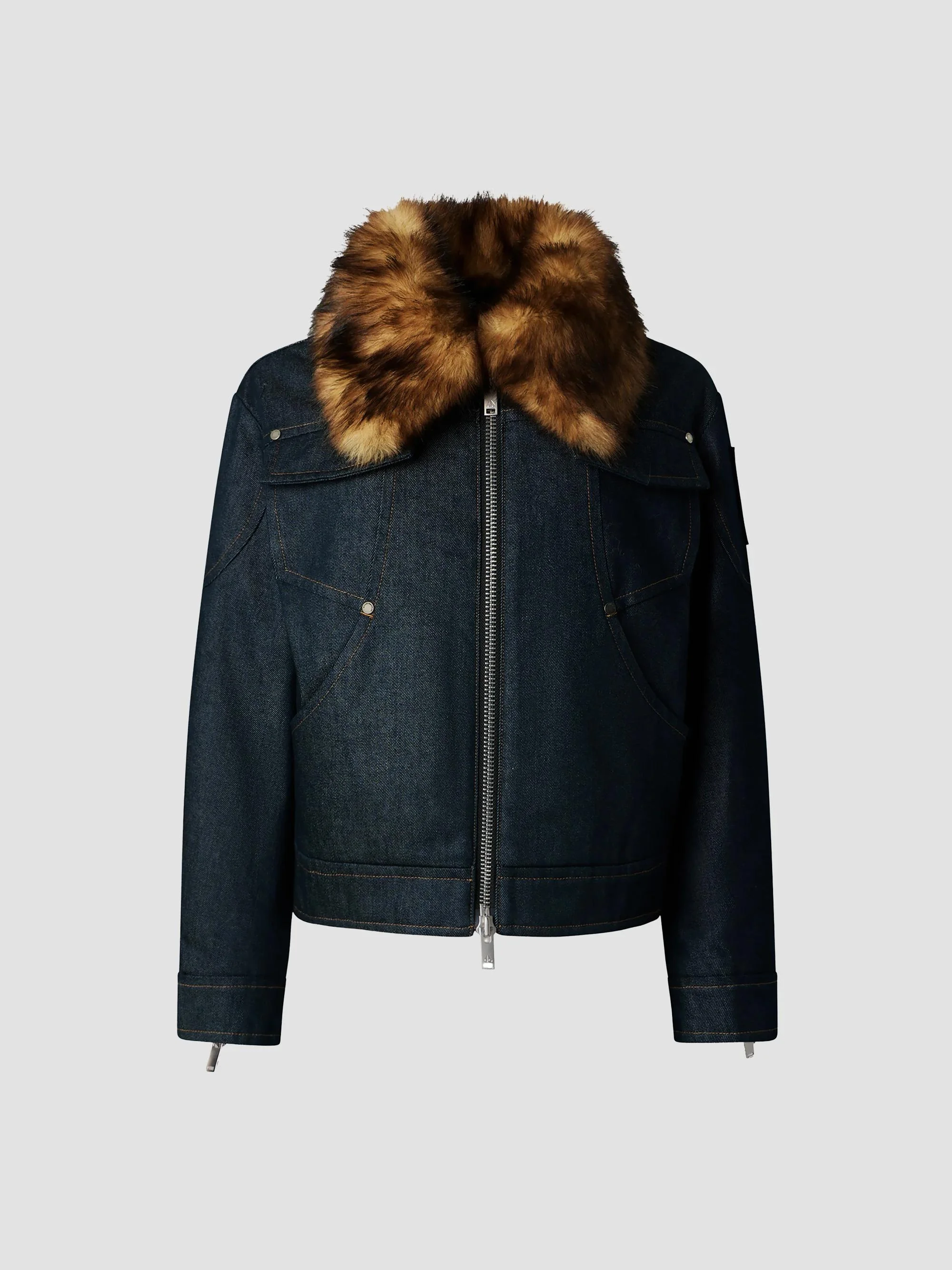 Women's Faux Fur-Trim Denim Down Trucker Jacket - Denim - 1
