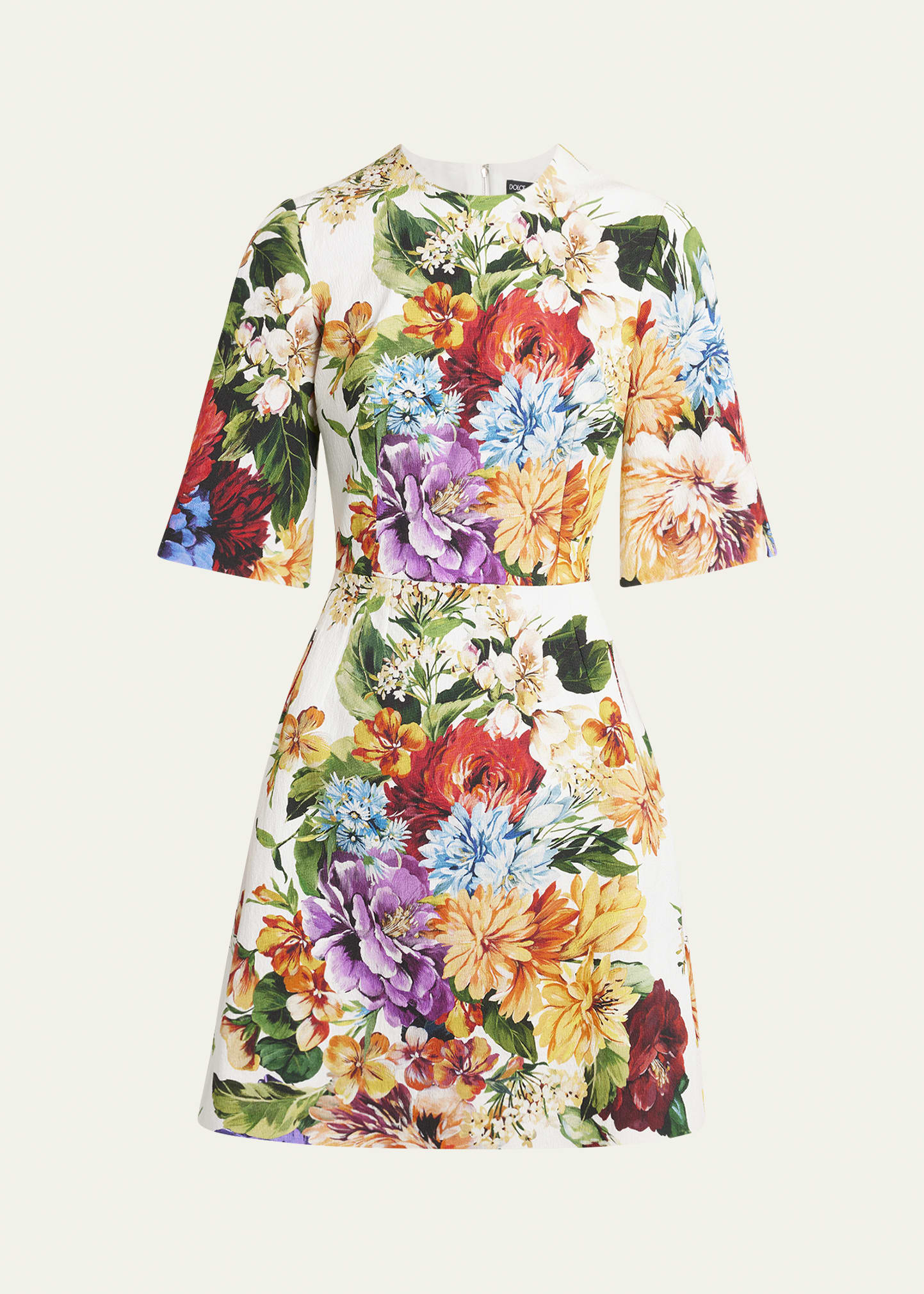 Floral Bouquet Short-Sleeve Creton Mini Dress - 1