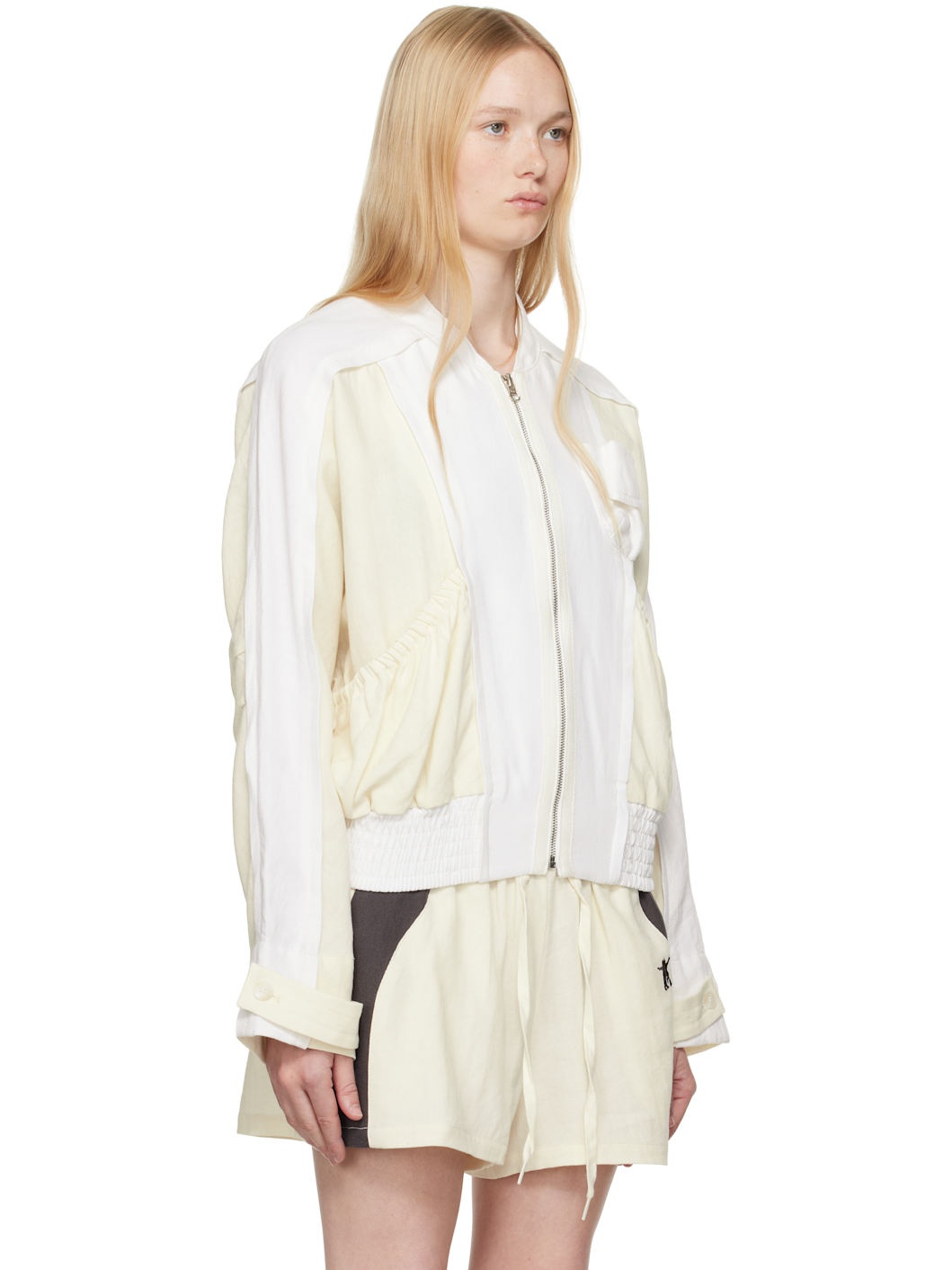 White & Off-White Linen Paneled Bomber Jacket - 2