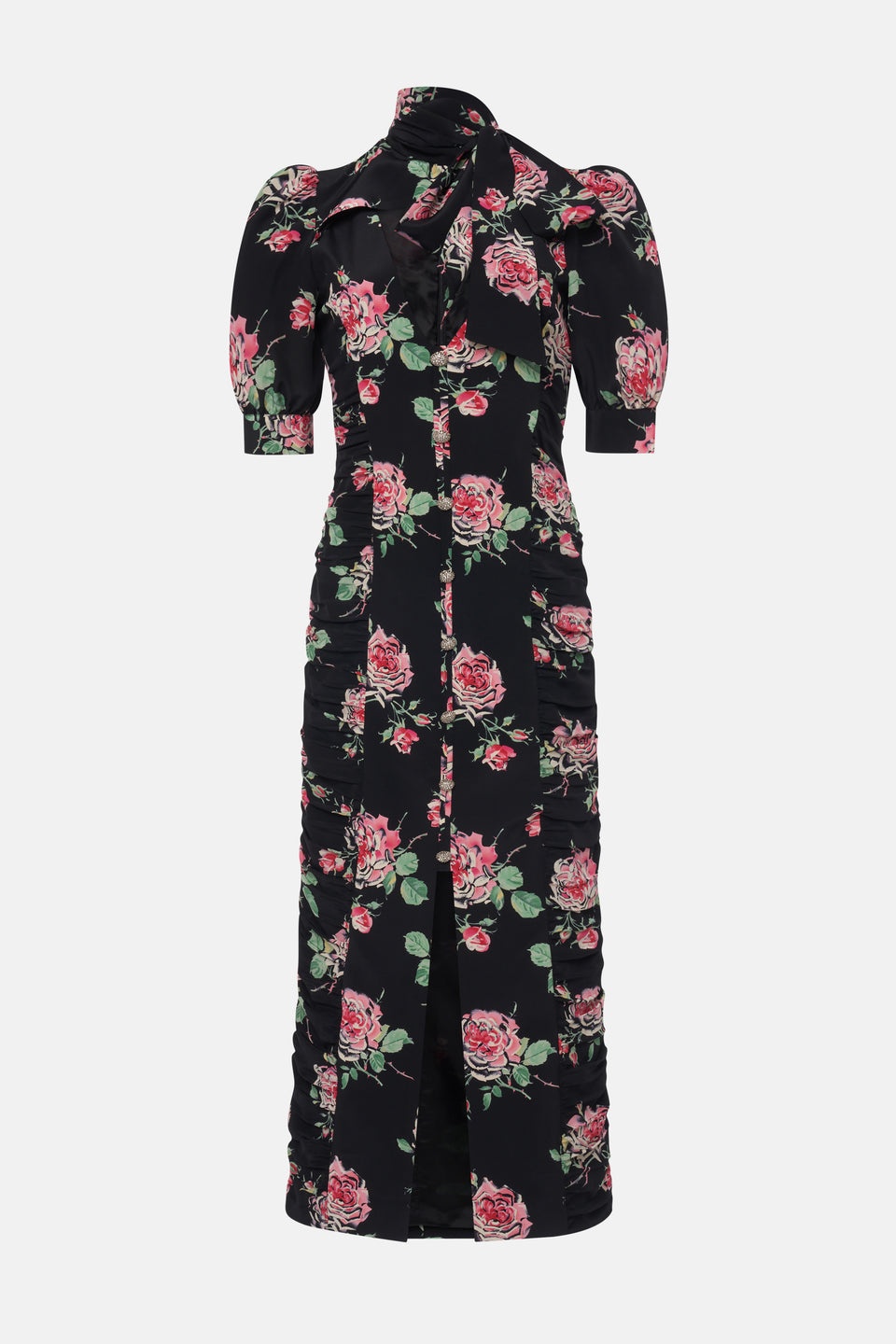 ROSE PRINT SILK DRAPED DRESS WITH BOW - 1