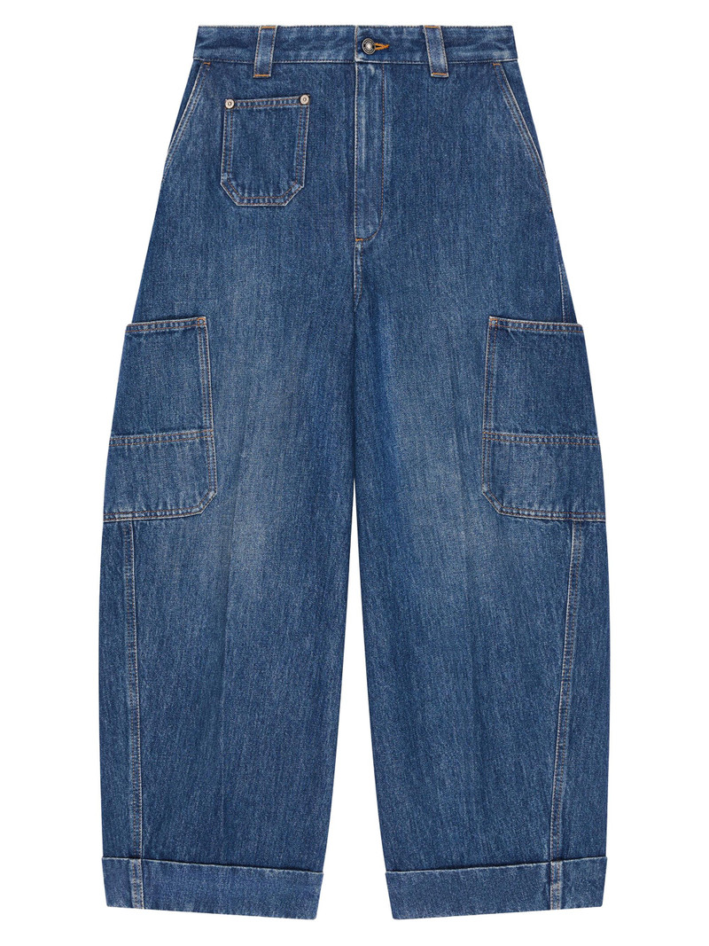 Women's Cropped Cocoon Cargo Jeans - Medium Blue 1