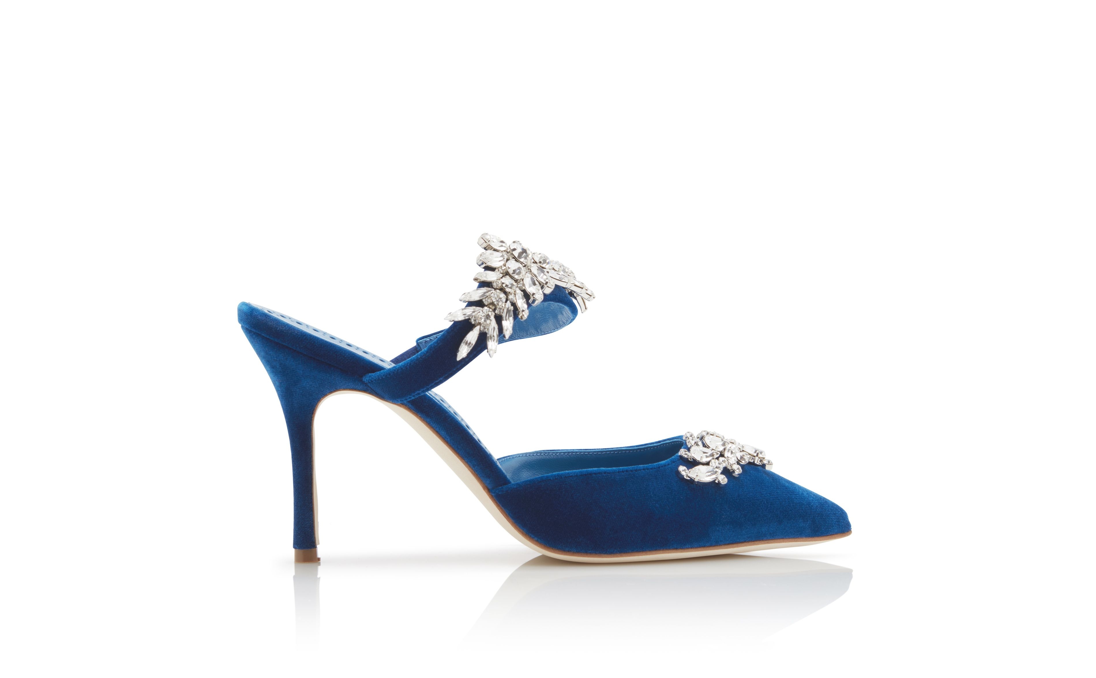 Bright Blue Velvet Crystal Embellished Mules - 1