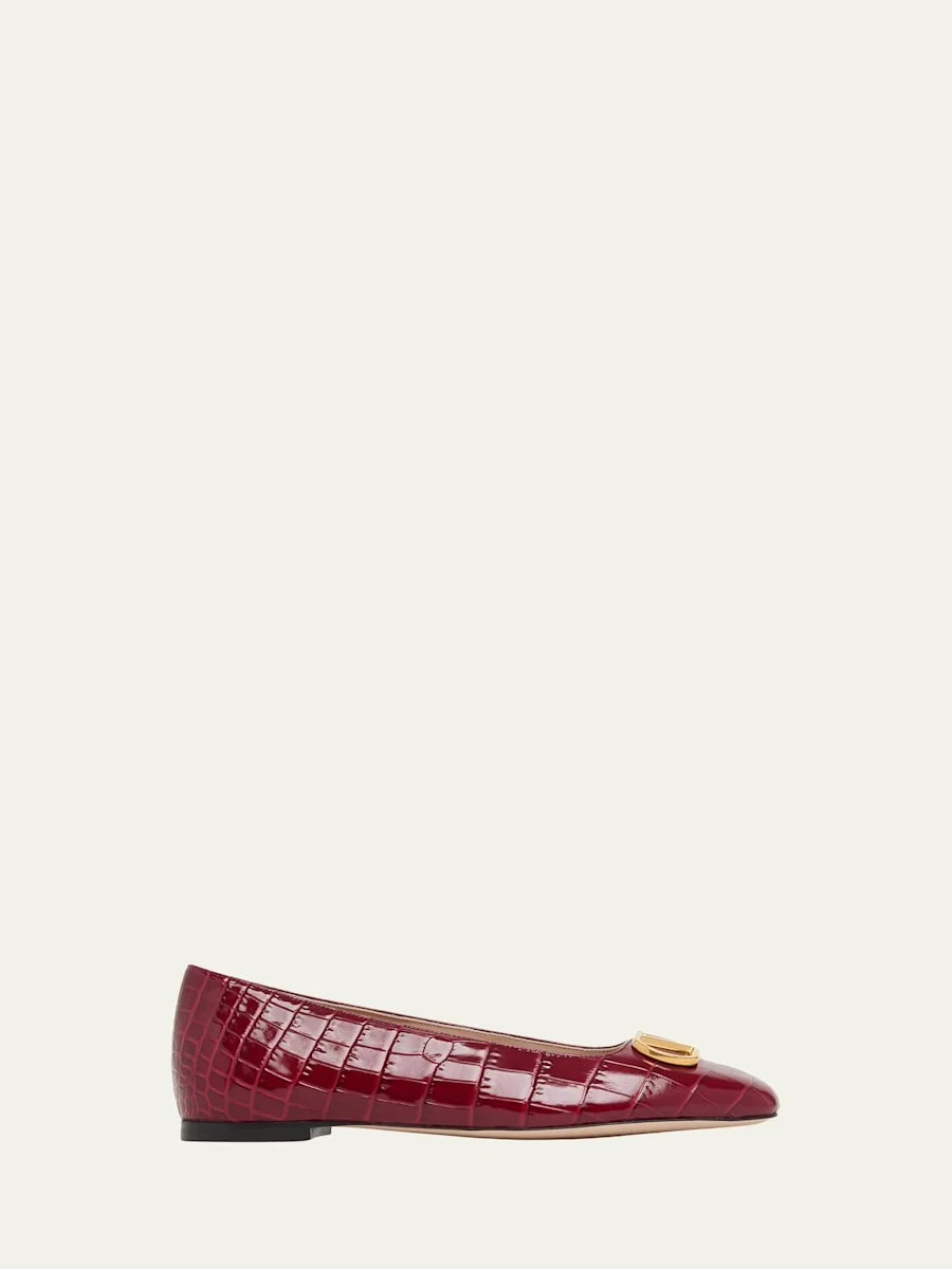VLogo Croc-Embossed Leather Ballerina Flats - 1