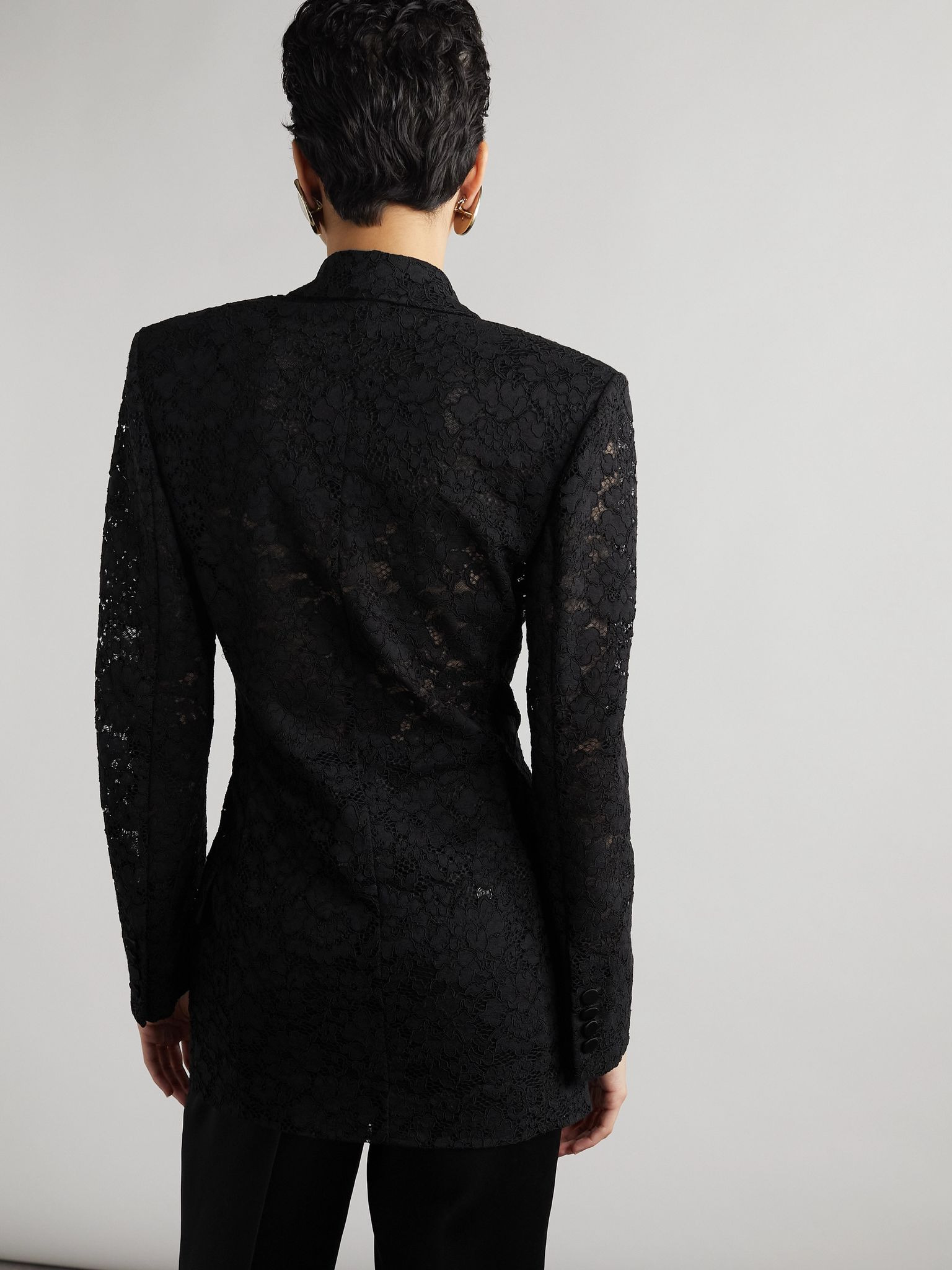 Double-breasted satin-trimmed lace blazer Black - 4