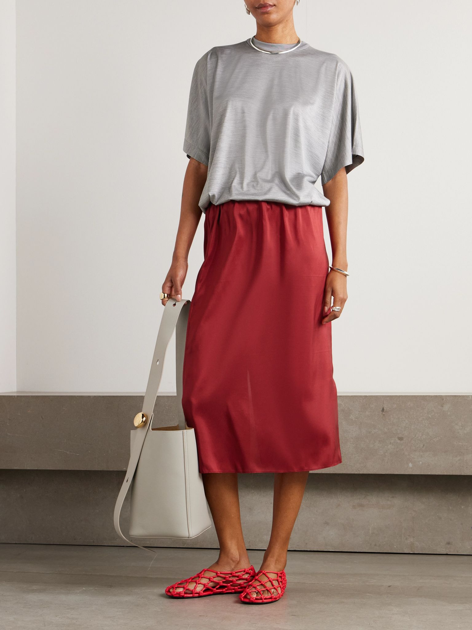 Silk-satin midi skirt Red - 2